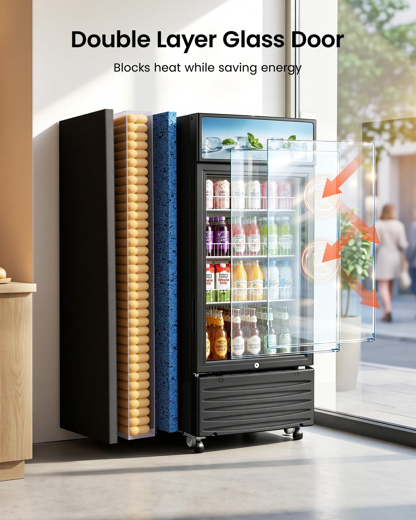 ICEVIVAL Commercial Beverage Refrigerator, 6 cu.ft Glass Door Drink Cooler with LED Lightbox & Lock, 32-50℉ Adjustable Temperature, ETL Certified Display Fridge for Bar, Restaurant & Shop