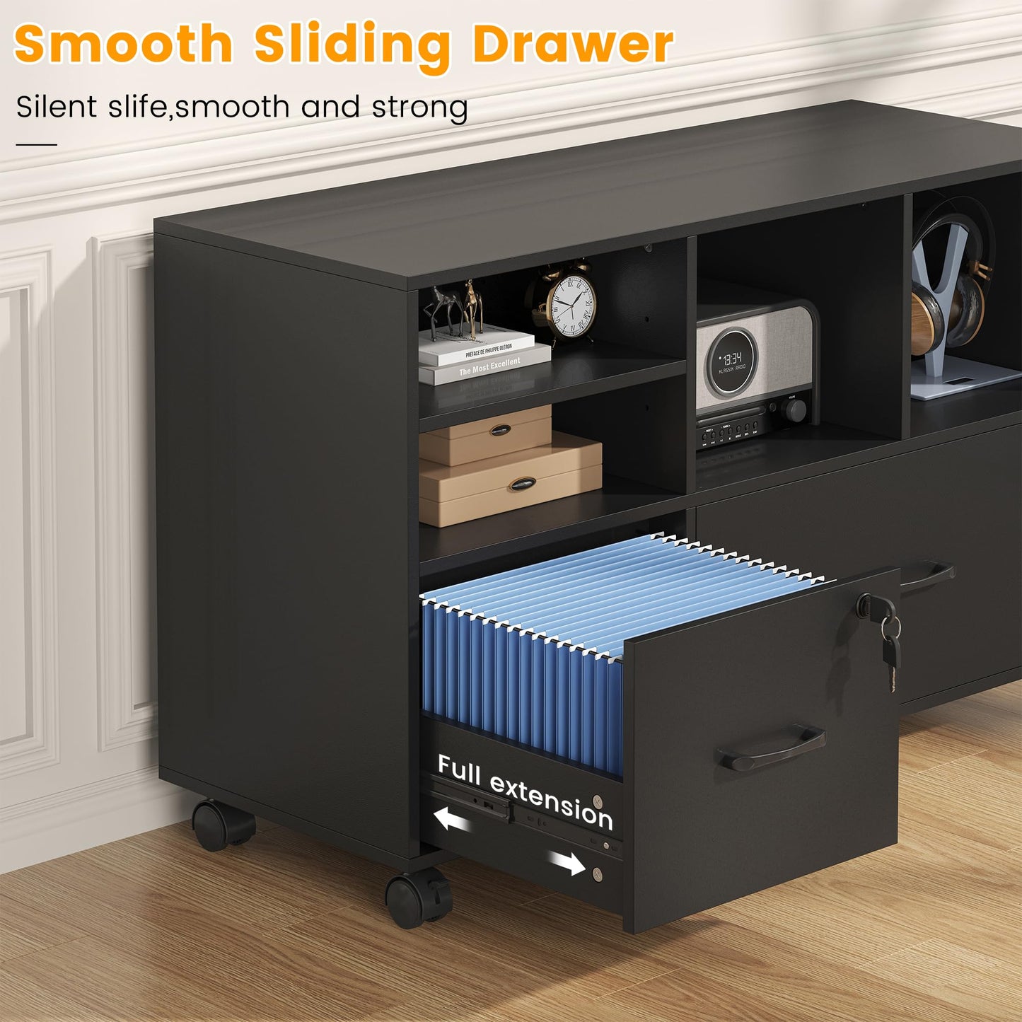 kepptory 2 Drawer Wood Mobile Large Lateral File Cabinet, Lockable Rolling Filing Cabinet with Storage Shelves, Printer Stand Office Storage Cabinet for Home Office Fits Files Legal/A4, Black