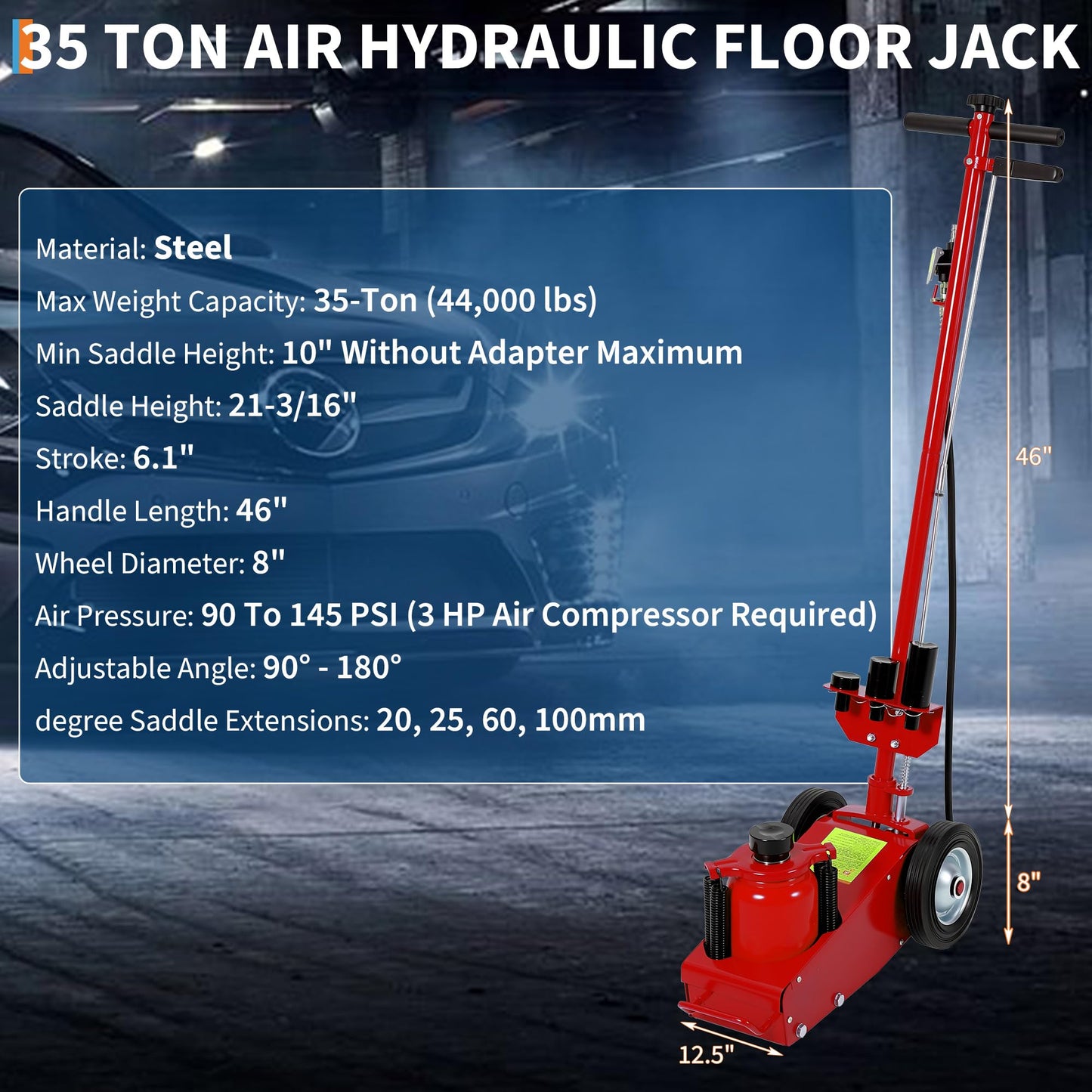 GarveeTech 35 Ton Air Hydraulic Floor Jack for Heavy Duty Trucks & Tractors – Low Profile (10"-21.19"), 4 Adapters, 46" Adjustable Handle – 77,000 Lbs Capacity