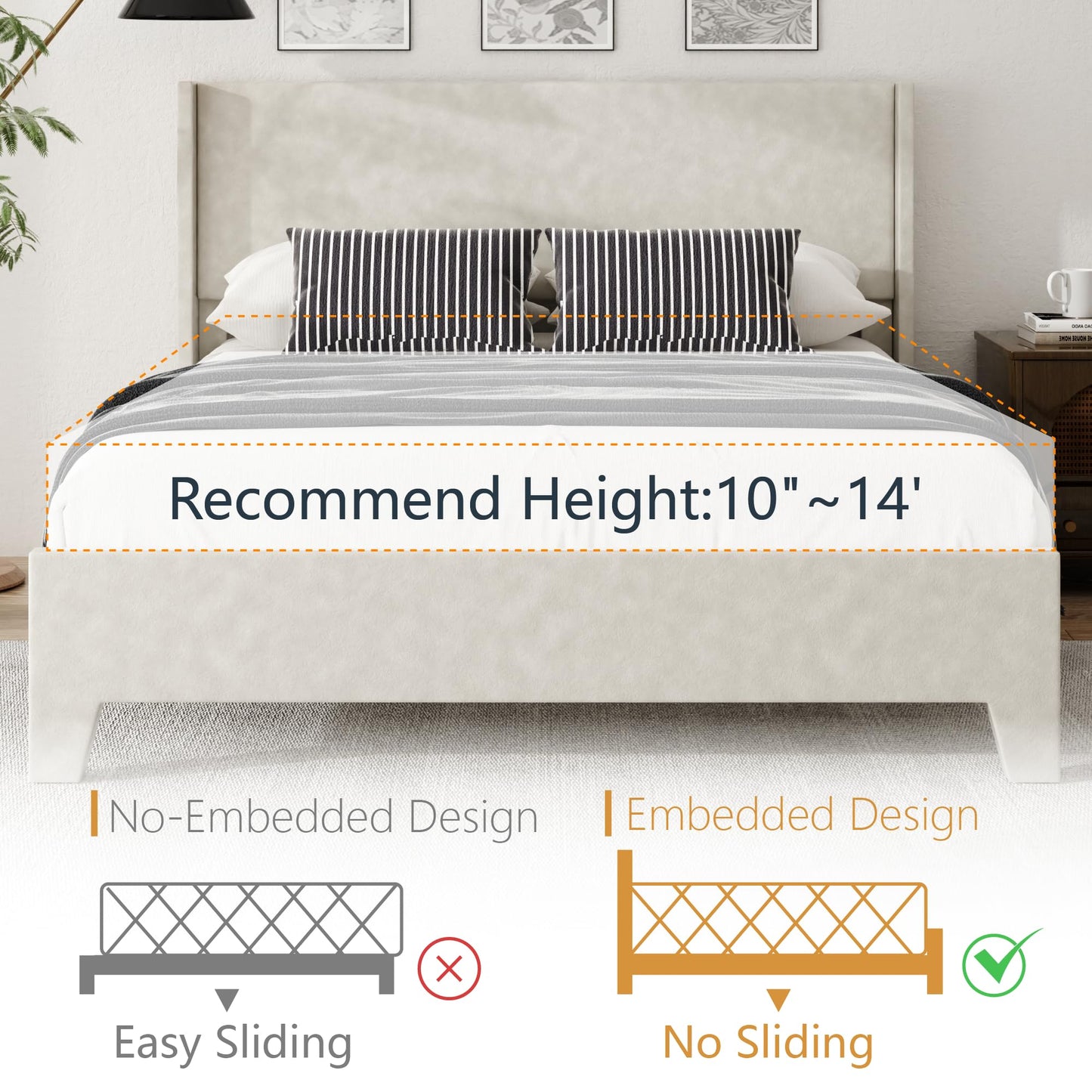 viplov Queen Bed Frame with Faux Leather Upholstered Headboard, Wear-Resistant, Easy Clean, Mattress Foundation, No Box Spring Required, Easy Assembly, Beige