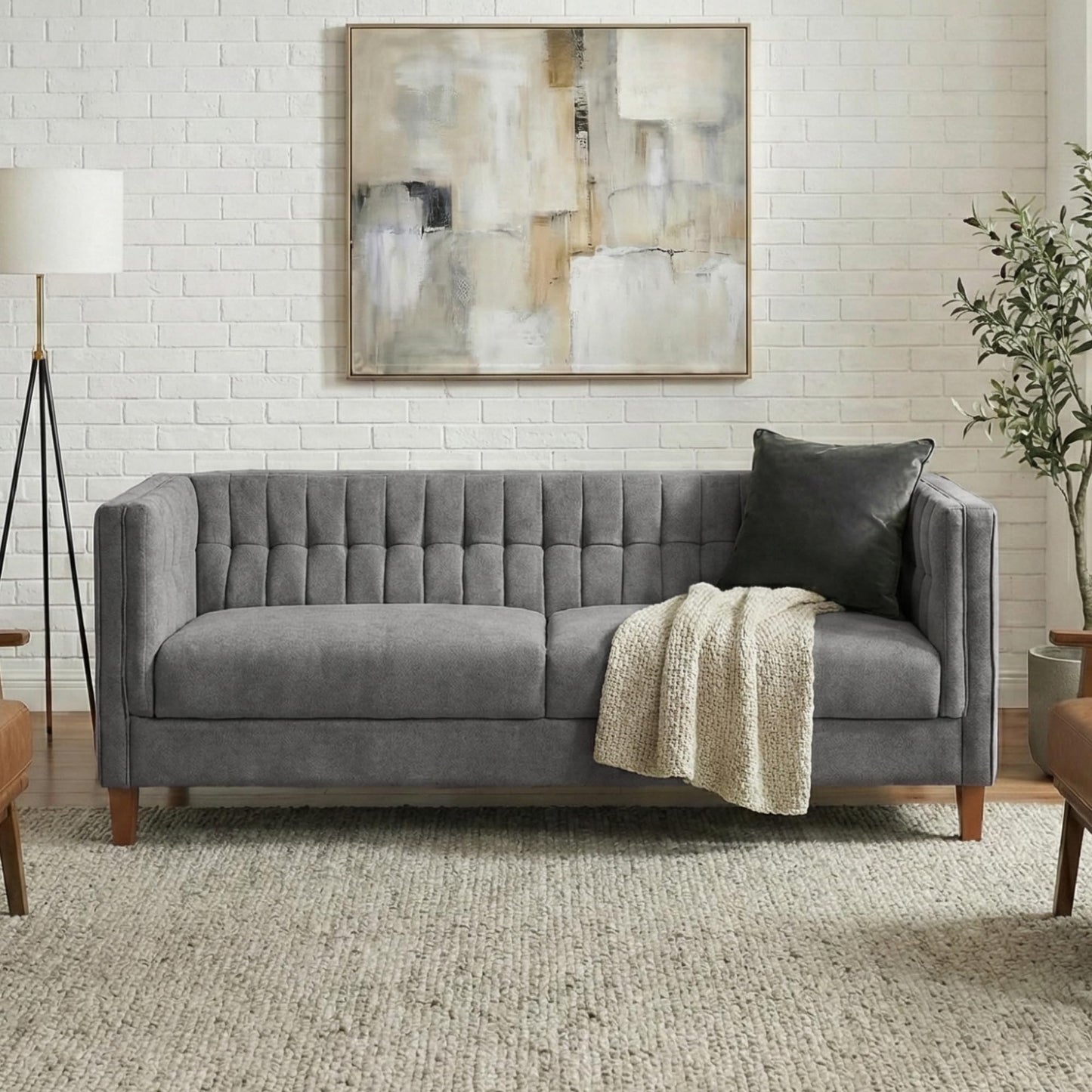 Merax Modern 76" 3-Seater Chenille Sofa with Channel Tufted Back, Curved Armrests, and Solid Birch Wood Legs – Plush Deep-Seat Couch for Living Room, Apartment, Grey