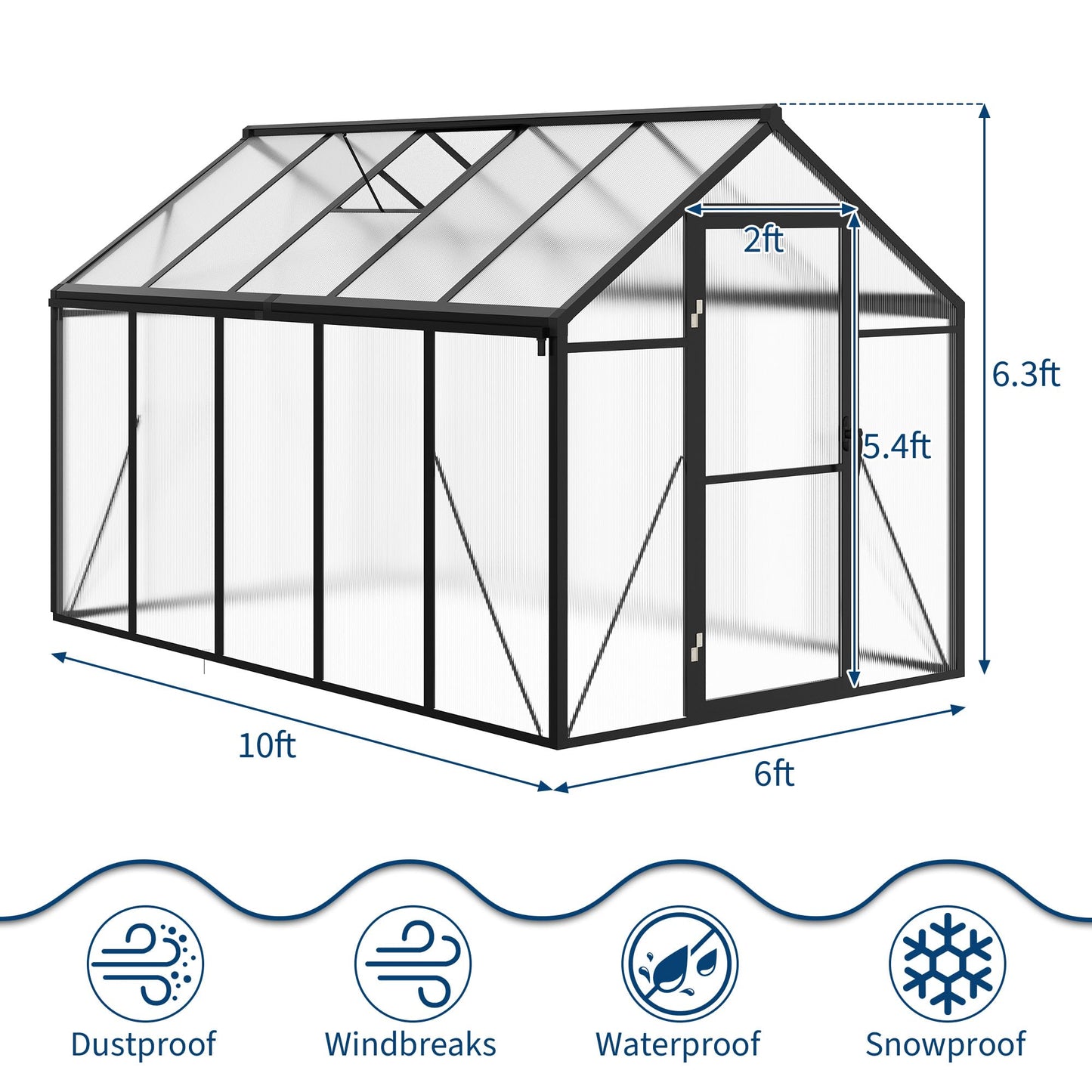 6x10 ft Walk-in Greenhouse, Polycarbonate Panels with Reinforced Aluminum Frame, Large Garden Green House for Planting and Seed Starting, Quick-Assembly Structure with Adjustable Roof Vent