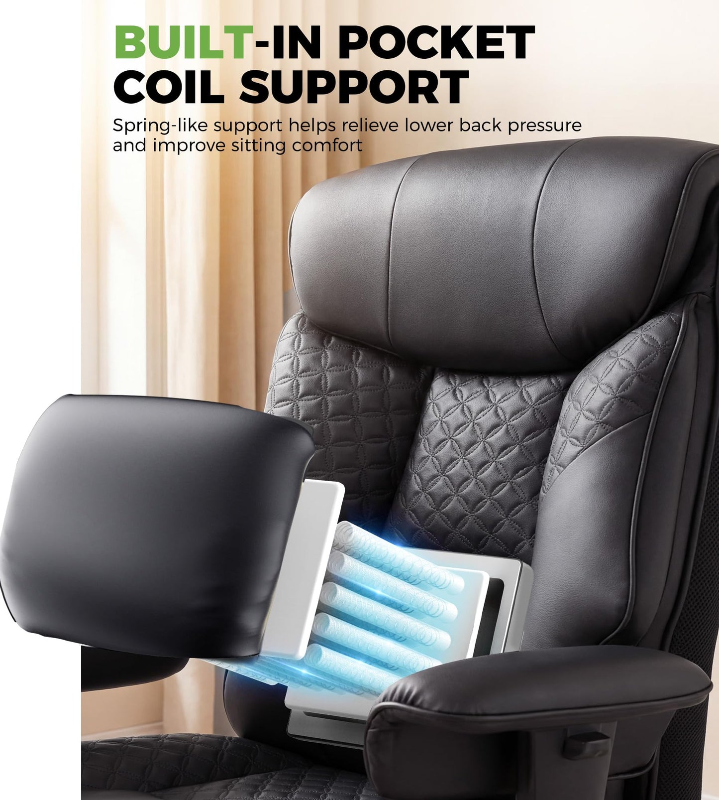 GTPLAYER Big and Tall Office Chair, High Back Computer Gaming Chair with Ergonomic Lumbar Support &Pocket Spring Cushion for Lower Back Pain Relief, Leather Executive Chair with Foot Rest, Black