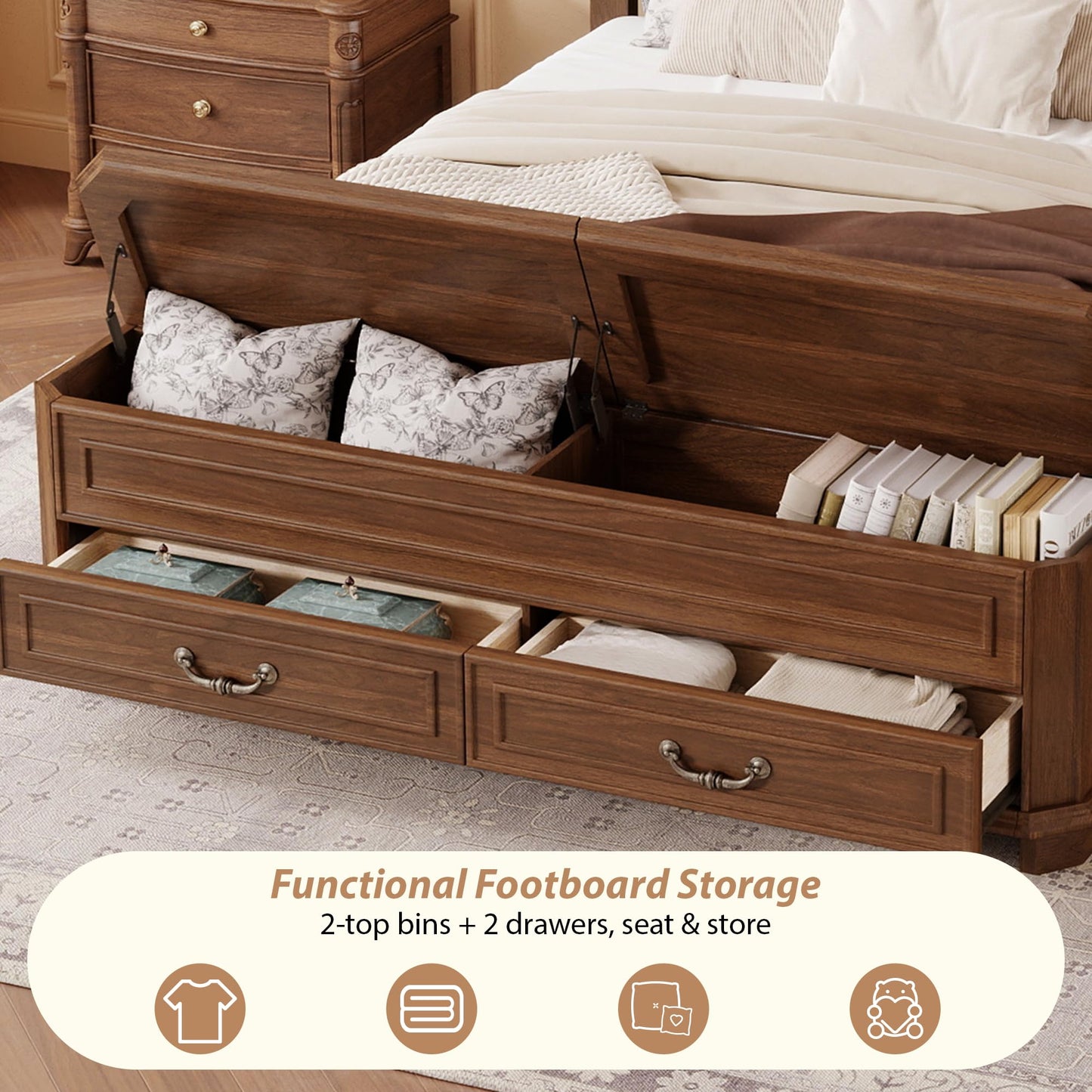 Ball & Cast Farmhouse Queen Size Bed Frame with Tall Headboard and Storage Bench,Wood Platform Bed Frame Queen Size with with Storage Footboard & 2 Large Storage Drawers, No Box Spring Needed,Walnut