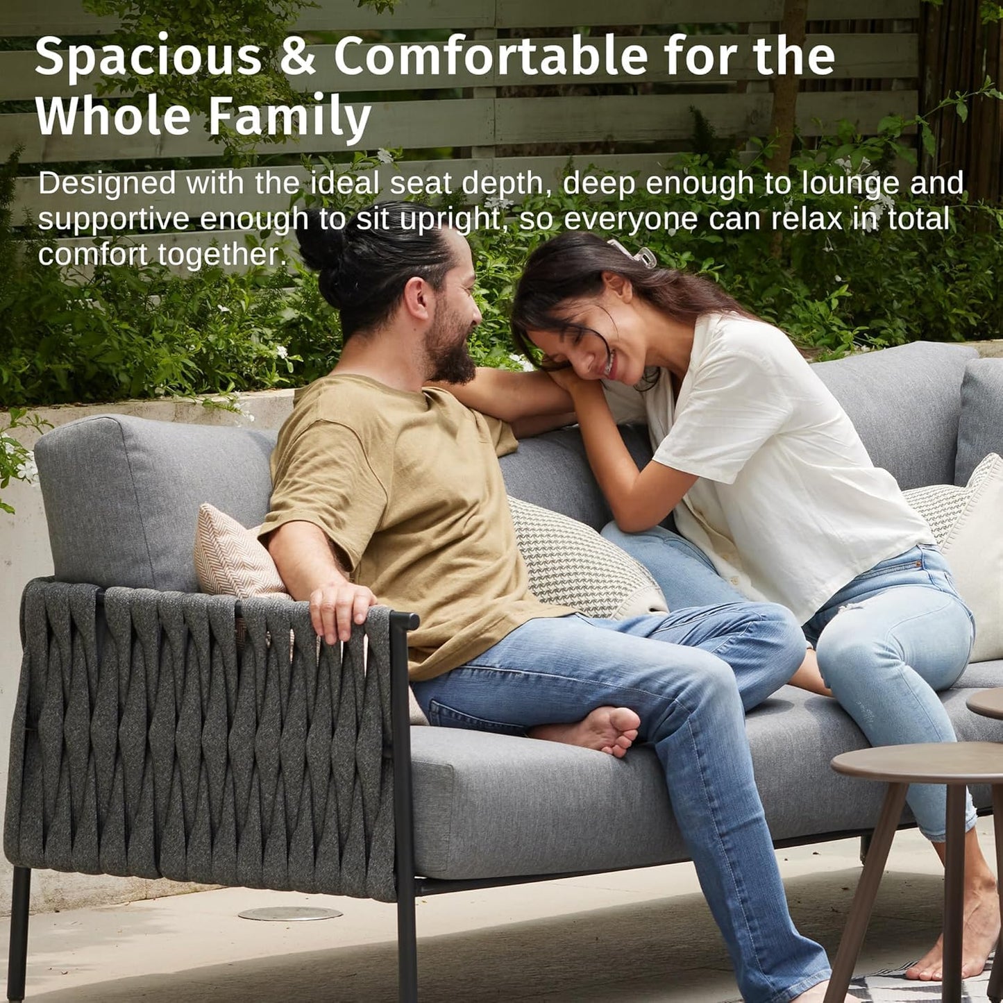 EAST OAK Life Chatter Patio Furniture Set 5 Pieces, Outdoor Furniture 5-Seat Sofa with Two Round Coffee Table, Waterproof Thick Cushion Deep Seating for Porch, Balcony, Earth Black & Misty Grey