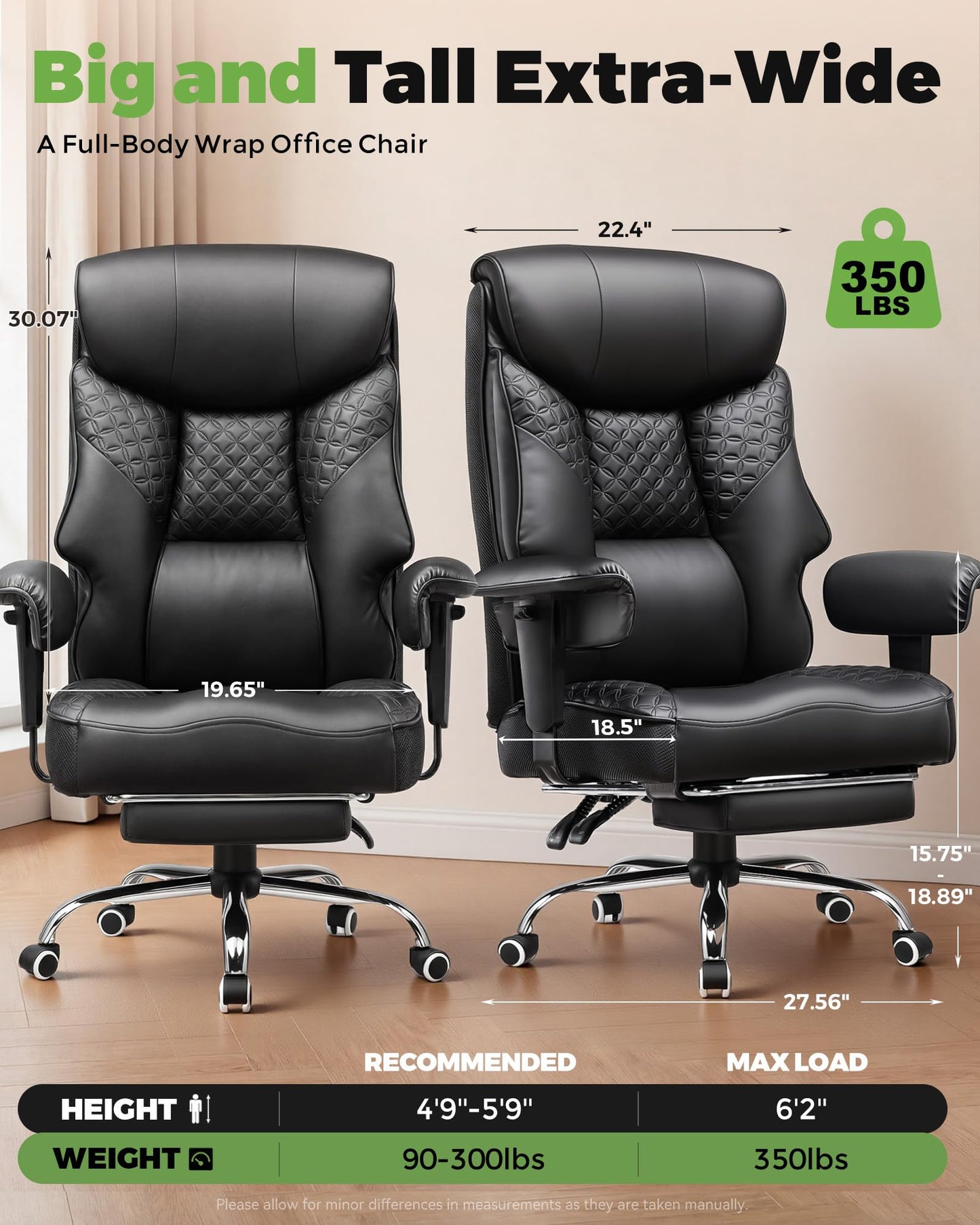 GTPLAYER Big and Tall Office Chair, High Back Computer Gaming Chair with Ergonomic Lumbar Support &Pocket Spring Cushion for Lower Back Pain Relief, Leather Executive Chair with Foot Rest, Black