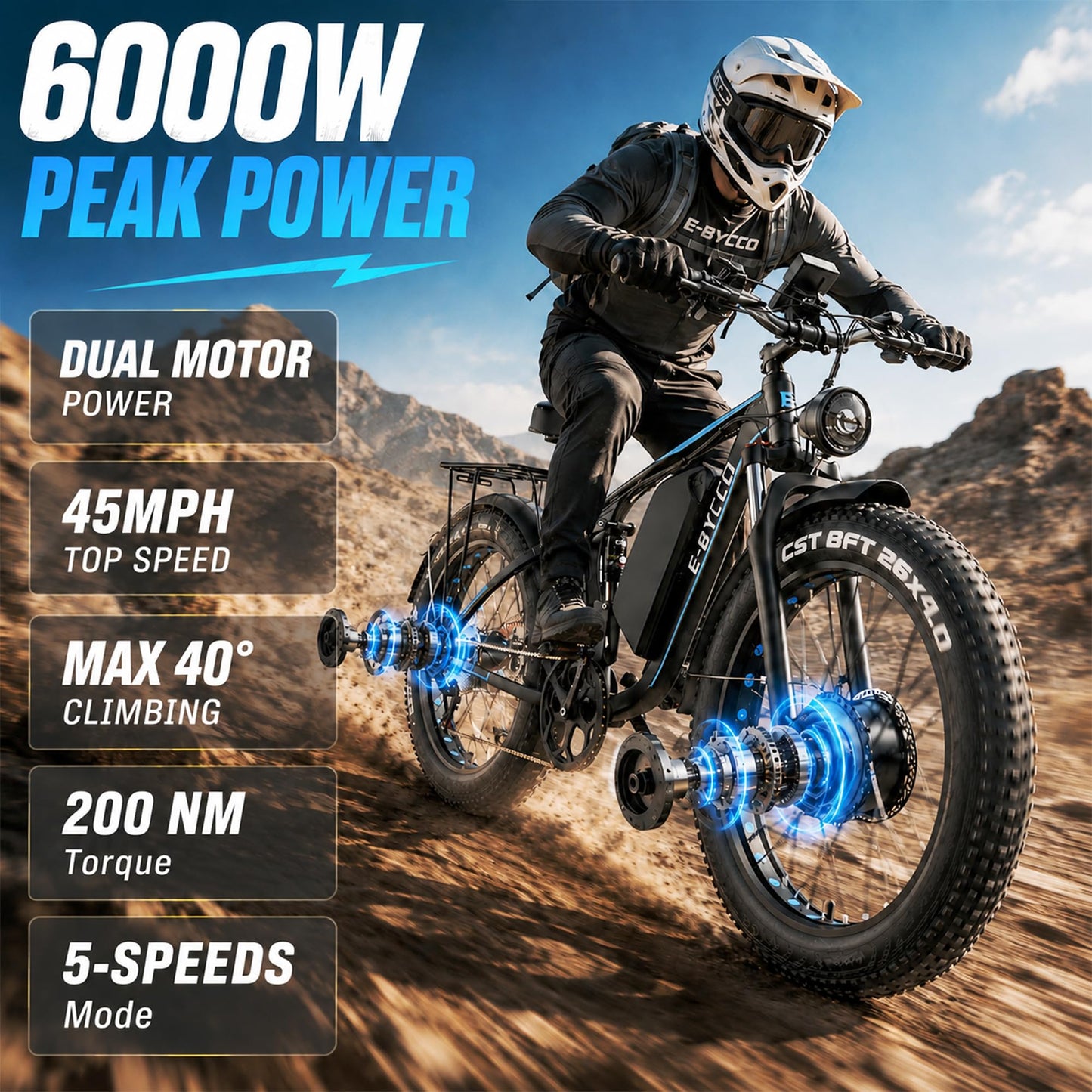 E·Bycco Electric Bike for Adults, 6000W Peak Dual Motor, 24" Fat Tire Ebike, 52V 32Ah Removable Battery, Full Suspension, Commuter Mountain E-Bike for Men Women (EB7PRO 24" BlackBlue)
