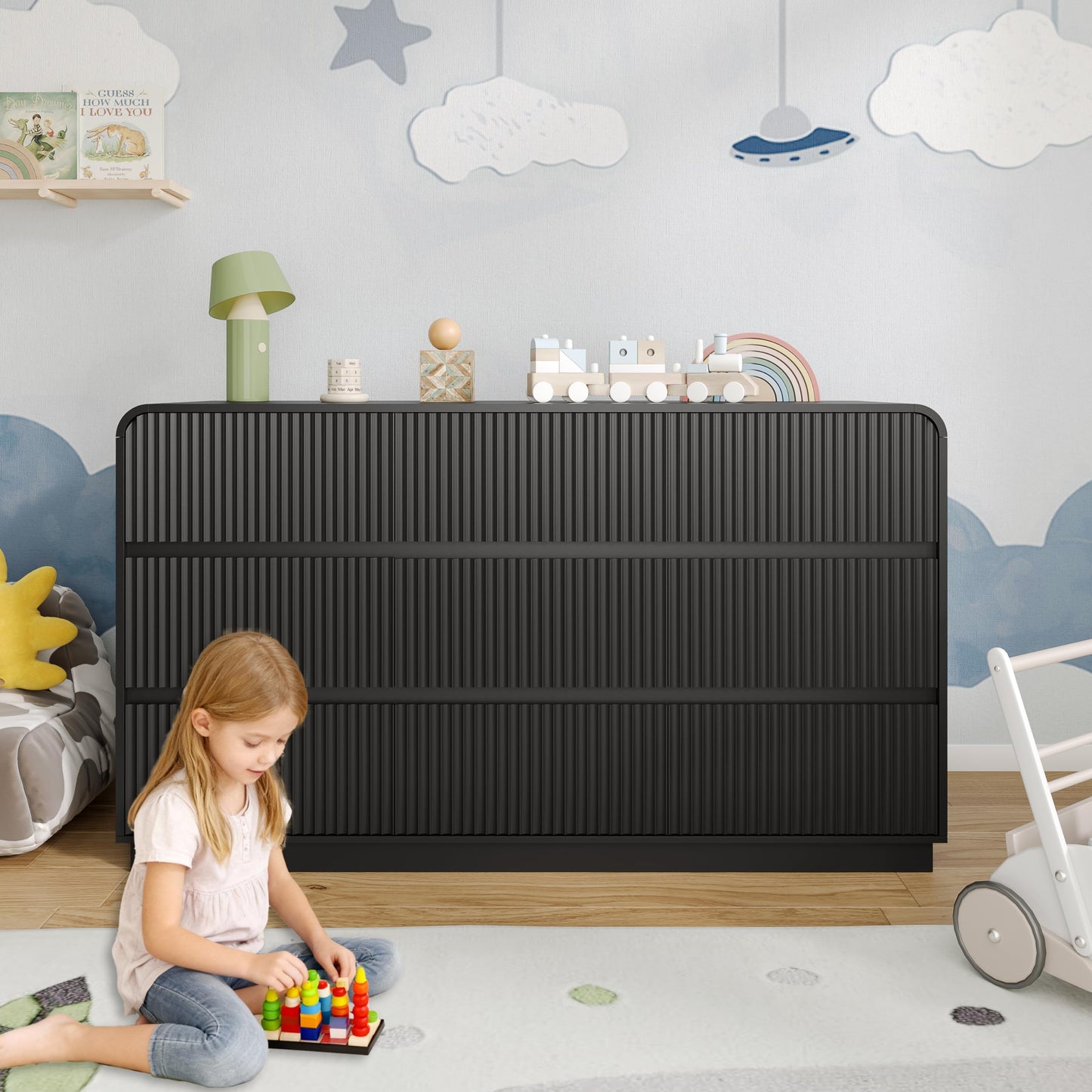 BORNOON Dresser for Bedroom with 9 Drawers, Fluted Chest of Drawers with Round Curved Corner, Hidden Handles, Modern Wood Storage Organizer for Bedroom, Nursery, Living Room