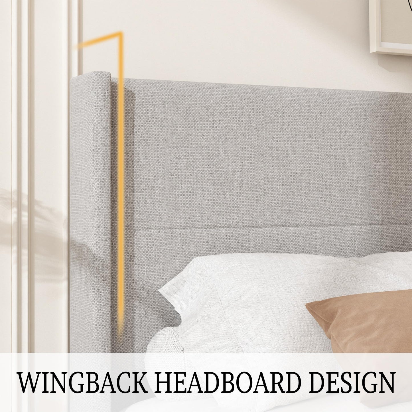 Mxhtcewz Full Size Bed Frame, Linen Upholstered Platform with Wingback Headboard, Wooden Slats Support, No Box Spring Needed, Easy Assembly, Lightgrey