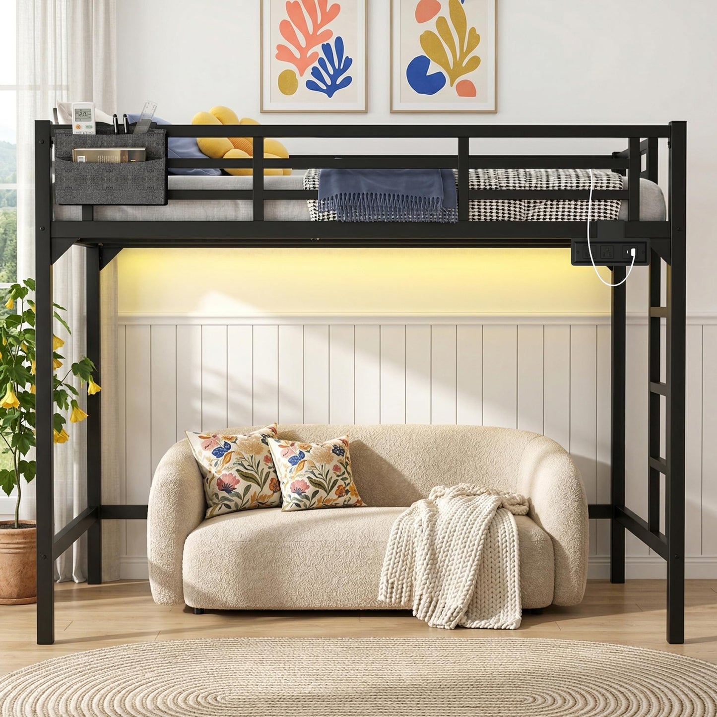 Twin XL Loft Bed with Charging Station & LED Lights, Heavy Duty Metal Bed Frame with Storage Pocket, Ladder and Guardrail Reinforced Twin XL Loft Bed Space-Saving for Adults, Guest Room, Dorm, Black