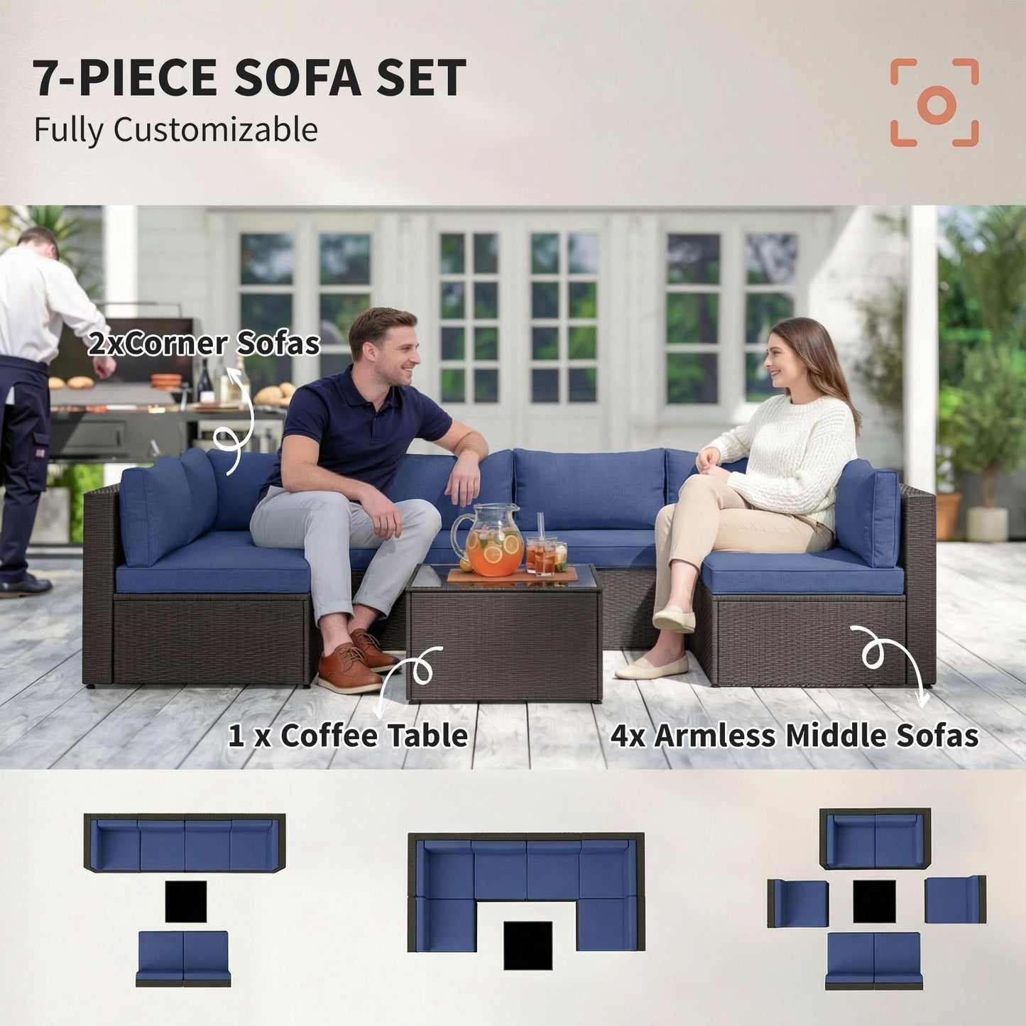 Outsunny 7 Piece Patio Furniture Set, Wicker Outdoor Sectional Sofa Set, All Weather PE Rattan Outdoor Furniture Conversation Sets with Cushions, Glass Top Coffee Table, Dark Blue