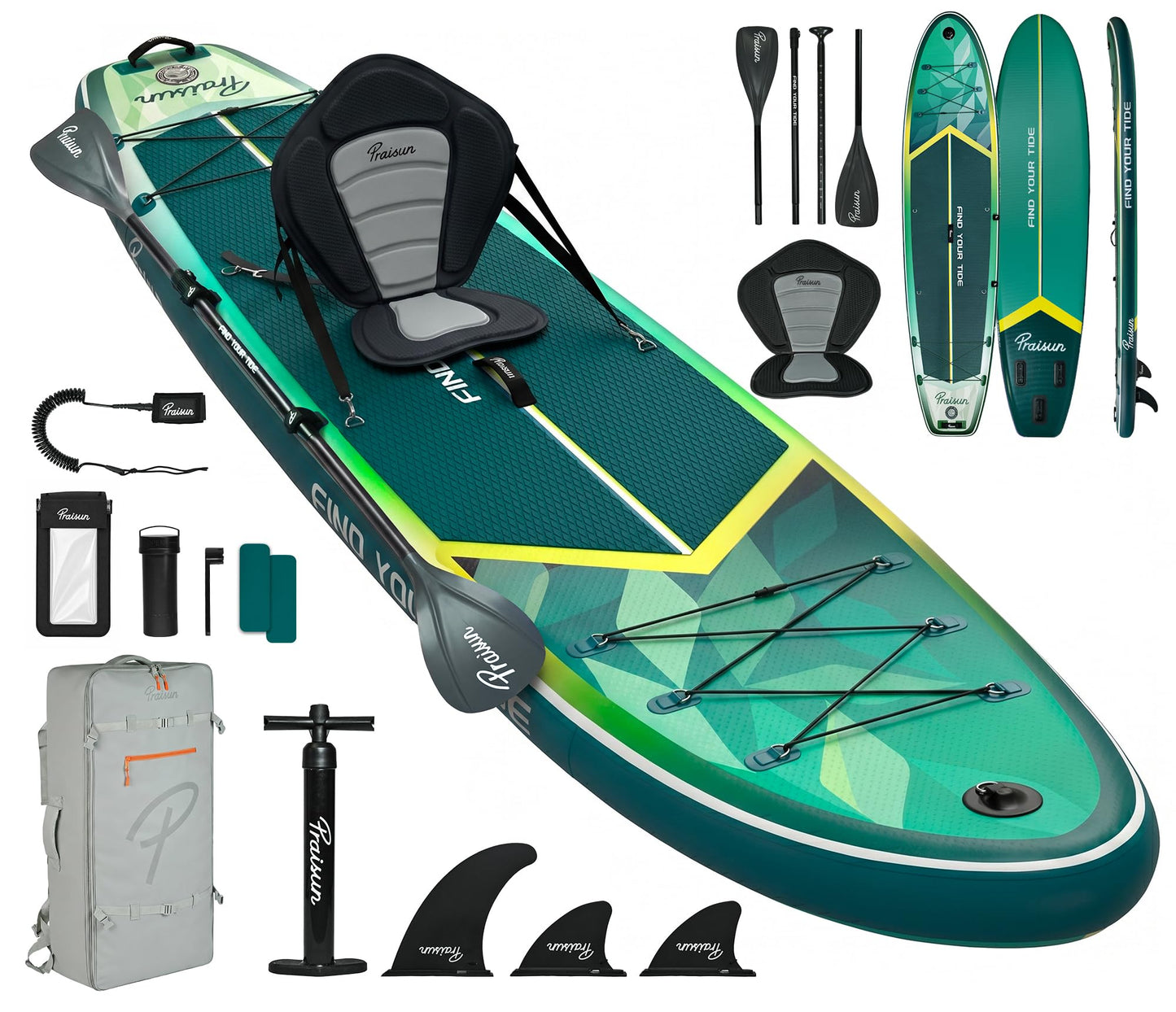PRAISUN 12’ x 35” Inflatable Paddle Board, 450lbs Extra Wide Stand Up Paddleboard for Youth/Adults of All Skill Levels, Stable SUP with Seat & Full Kit, for Fishing, Yoga, Lake & Ocean, Green
