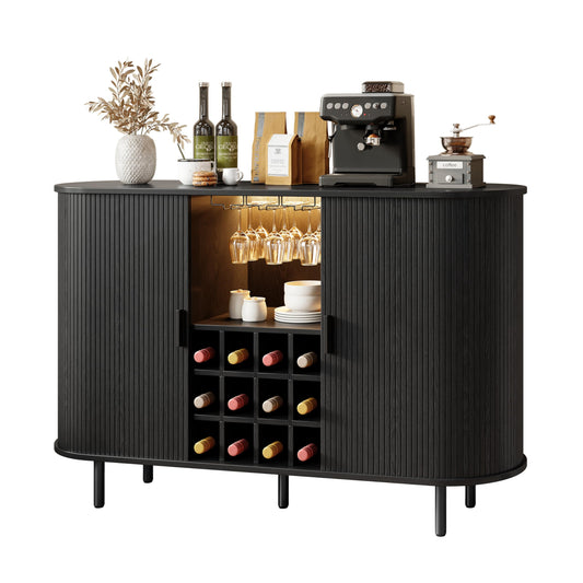 55" Wine Cabinet, Fluted Coffee Bar Cabinet with LED Light, Modern Liquor Coffee Station with Power Outlet, Wine Rack & Glass Holder, Sliding Door Buffet Sideboard Table for Home, Living Room, Black