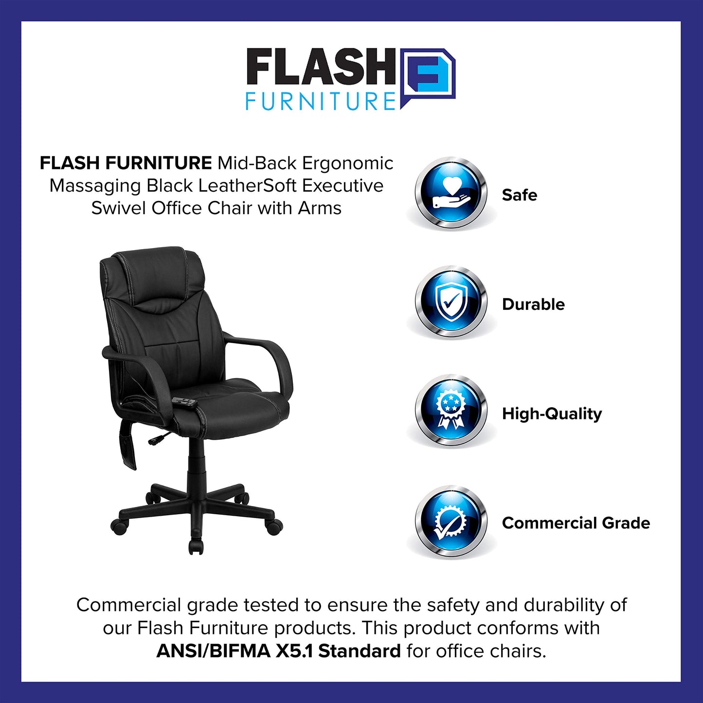 Flash Furniture Laverne Mid-Back Ergonomic Massaging Black LeatherSoft Executive Swivel Office Chair with Arms
