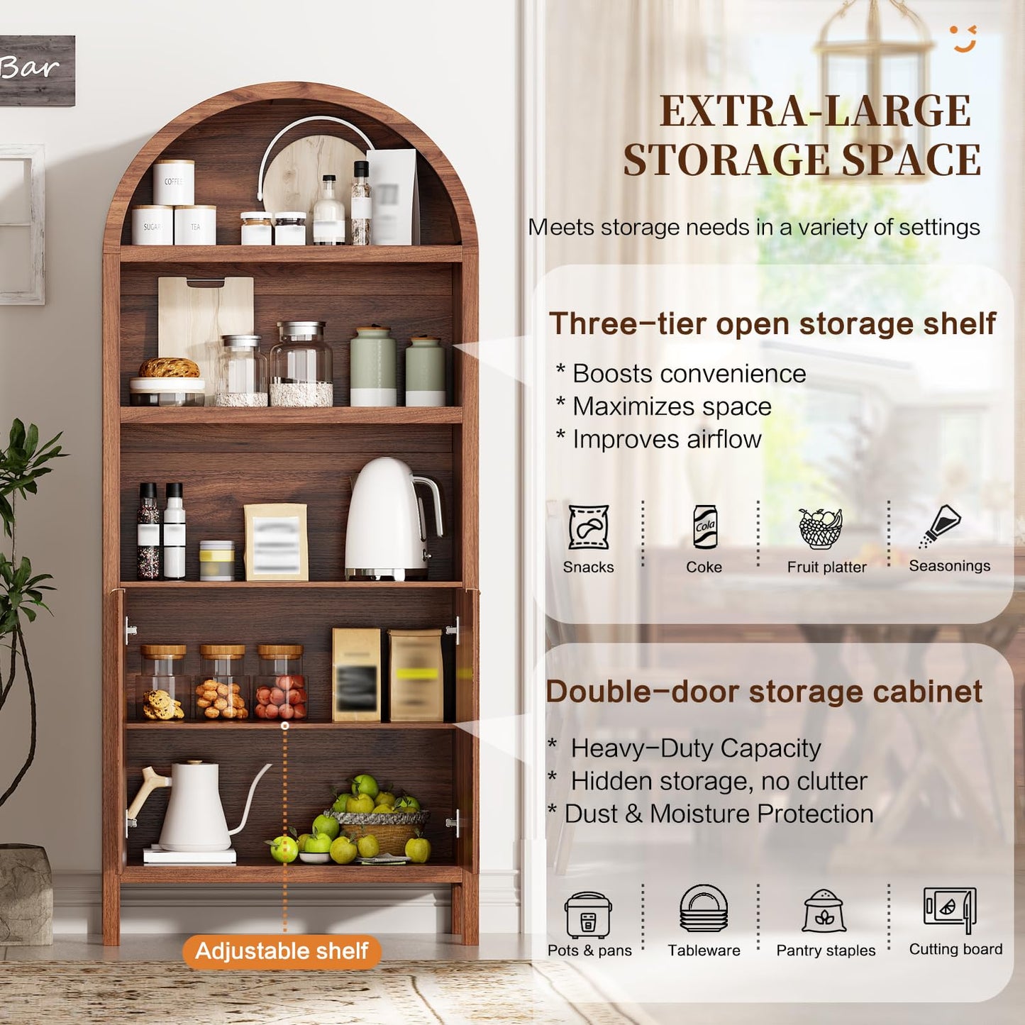 Ieejdn 71" Tall Arched Kitchen Pantry,Modern Fluted Wood Storage Cabinet with Doors,Adjustable Shelves,Organizer, Versatile Cupboard for Kitchen,Living Room,Dining Room,Bathroom,Walnut3