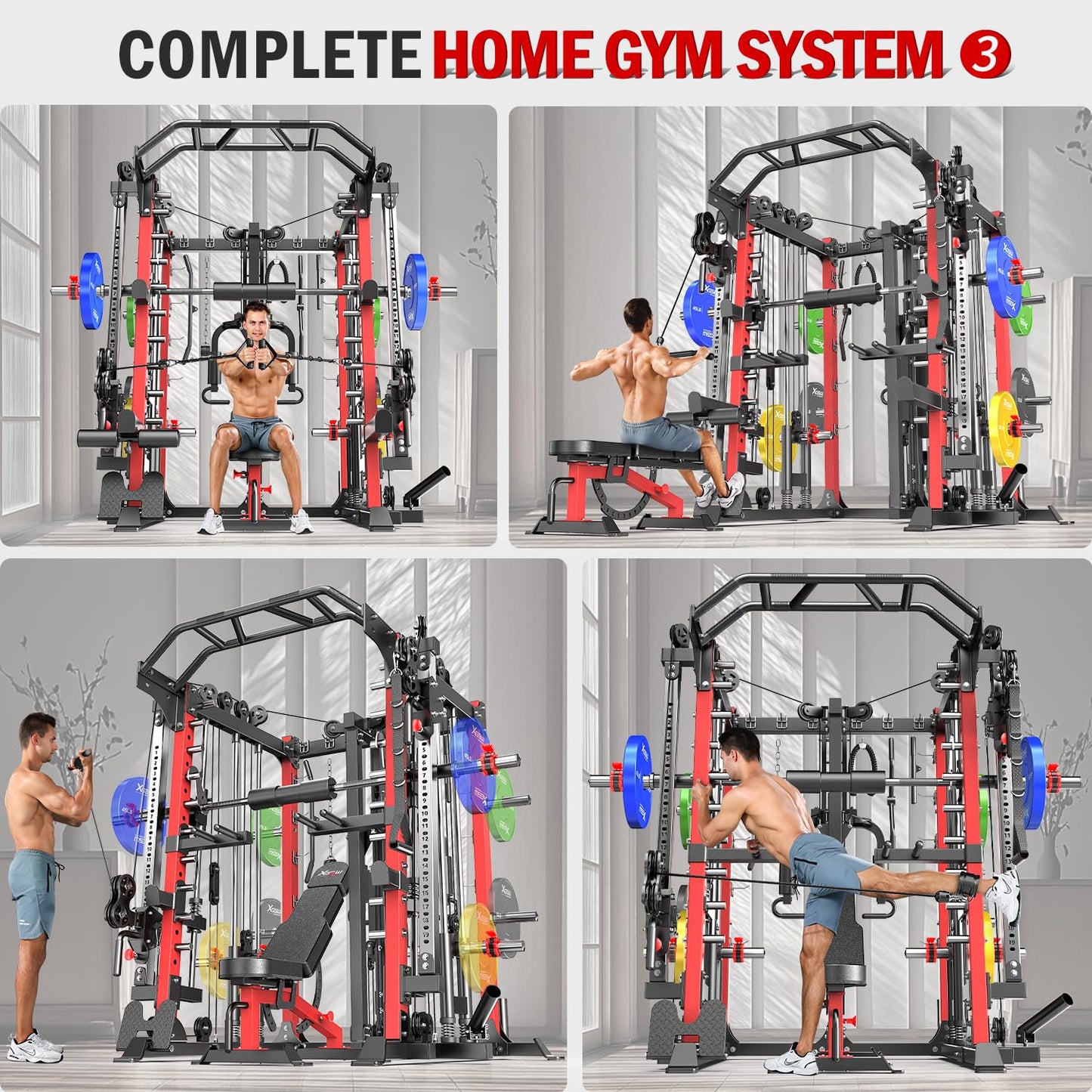 Smith Machine with Cable Crossover System, Multi-Function Squat Rack Power Cage for Home Gym, Power Rack and Packages (Black, L07-Smith Machine)