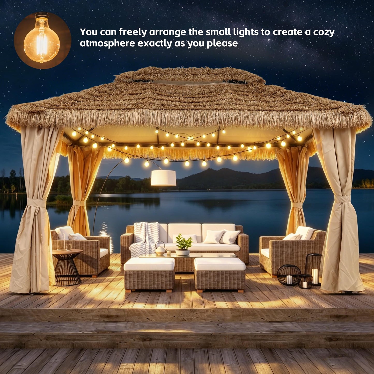 Saemoza 10 x 13 ft Thatched Gazebo Canopy, Double-Layer Ventilated Roof, Mesh Netting and Curtain Sidewalls, UV-Resistant, for Garden, Porch, Poolside, Khaki