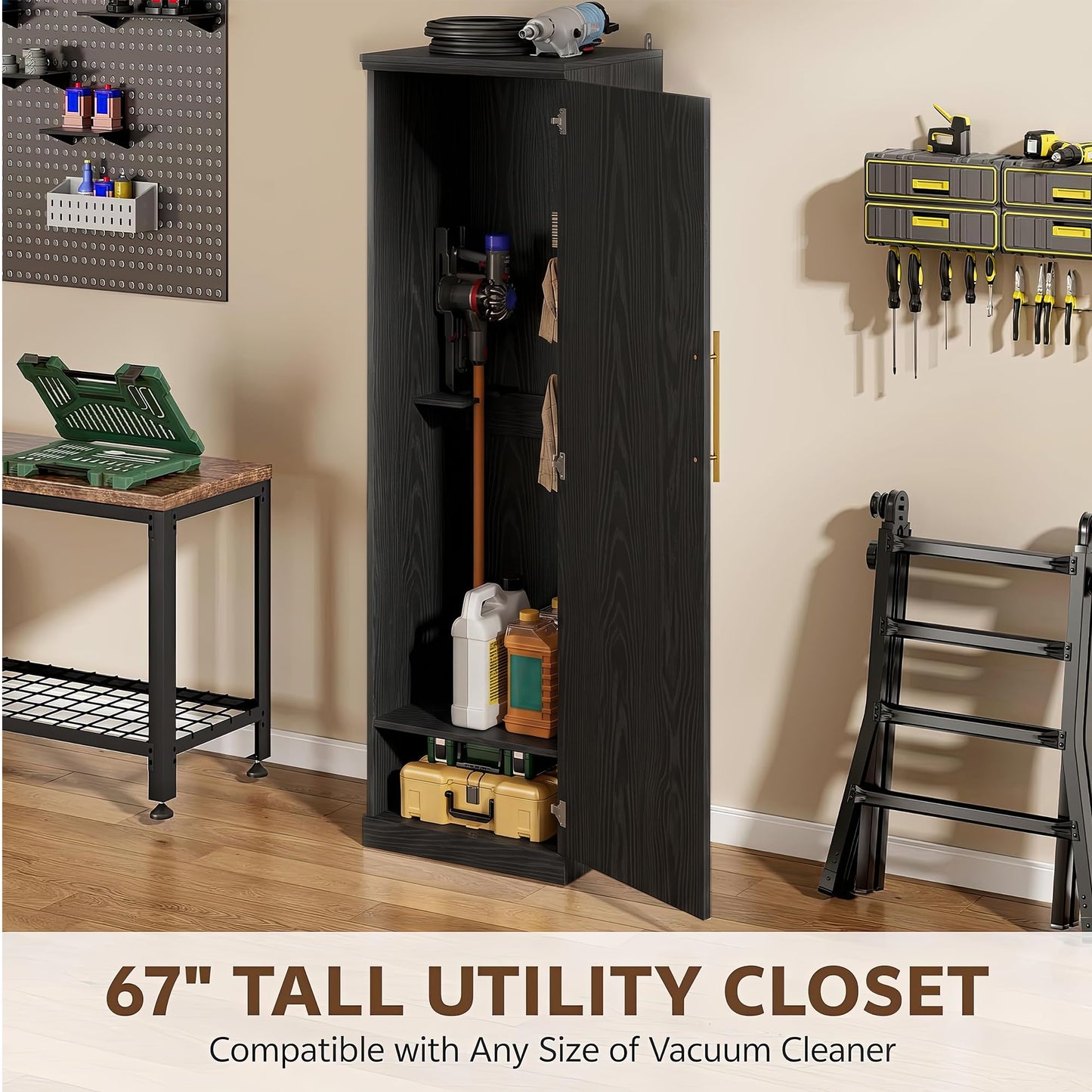 Homiflex Broom Closet Storage Cabinet, 65" H Slim Utility Closet with Door and Shelf, Tall Vacuum Storage Cabinet with Hooks for Cleaning Tool, Broom Closet Organizer for Bathroom, Garage, Black