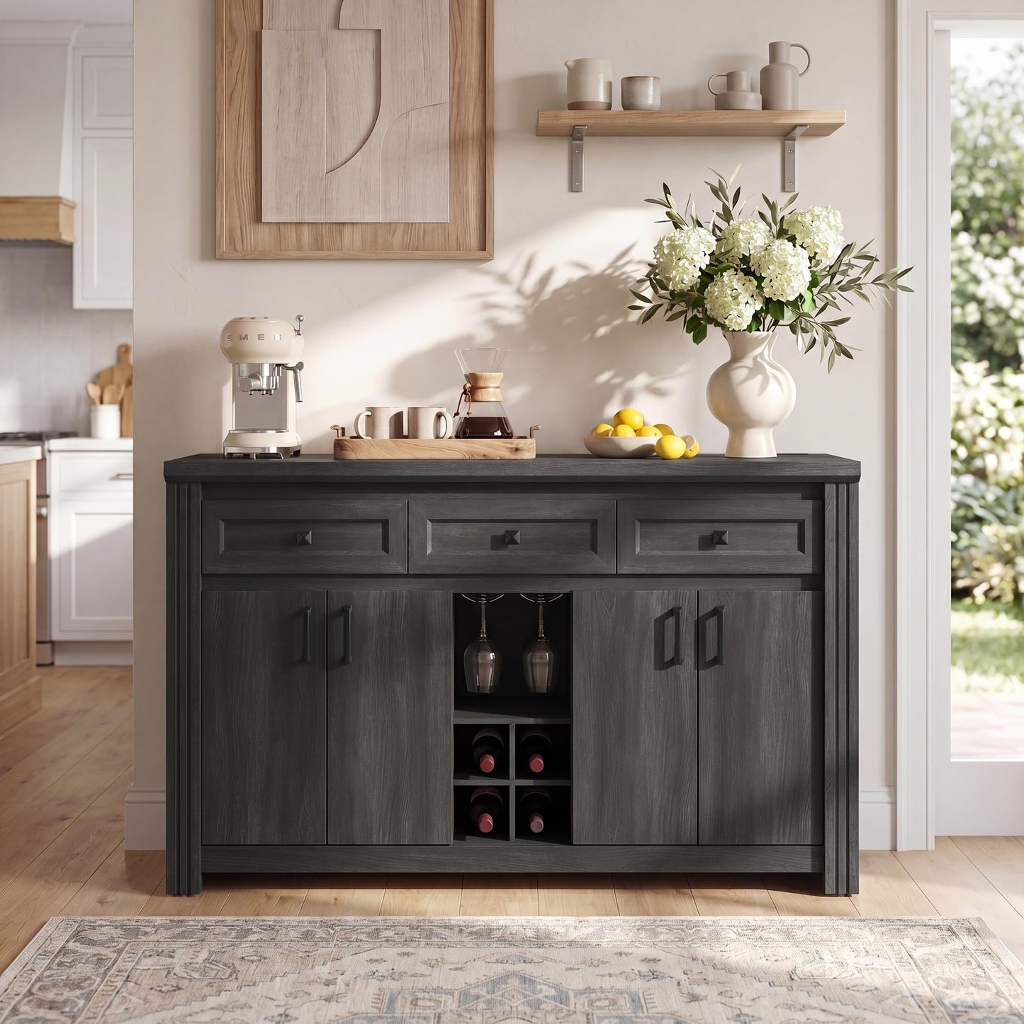nesture. 55" Buffet Sideboard with Power Outlet, Farmhouse Wood Coffee Bar Cabinet with Wine Rack, Glass Holder, Ajustable Shelves for Kitchen, Black