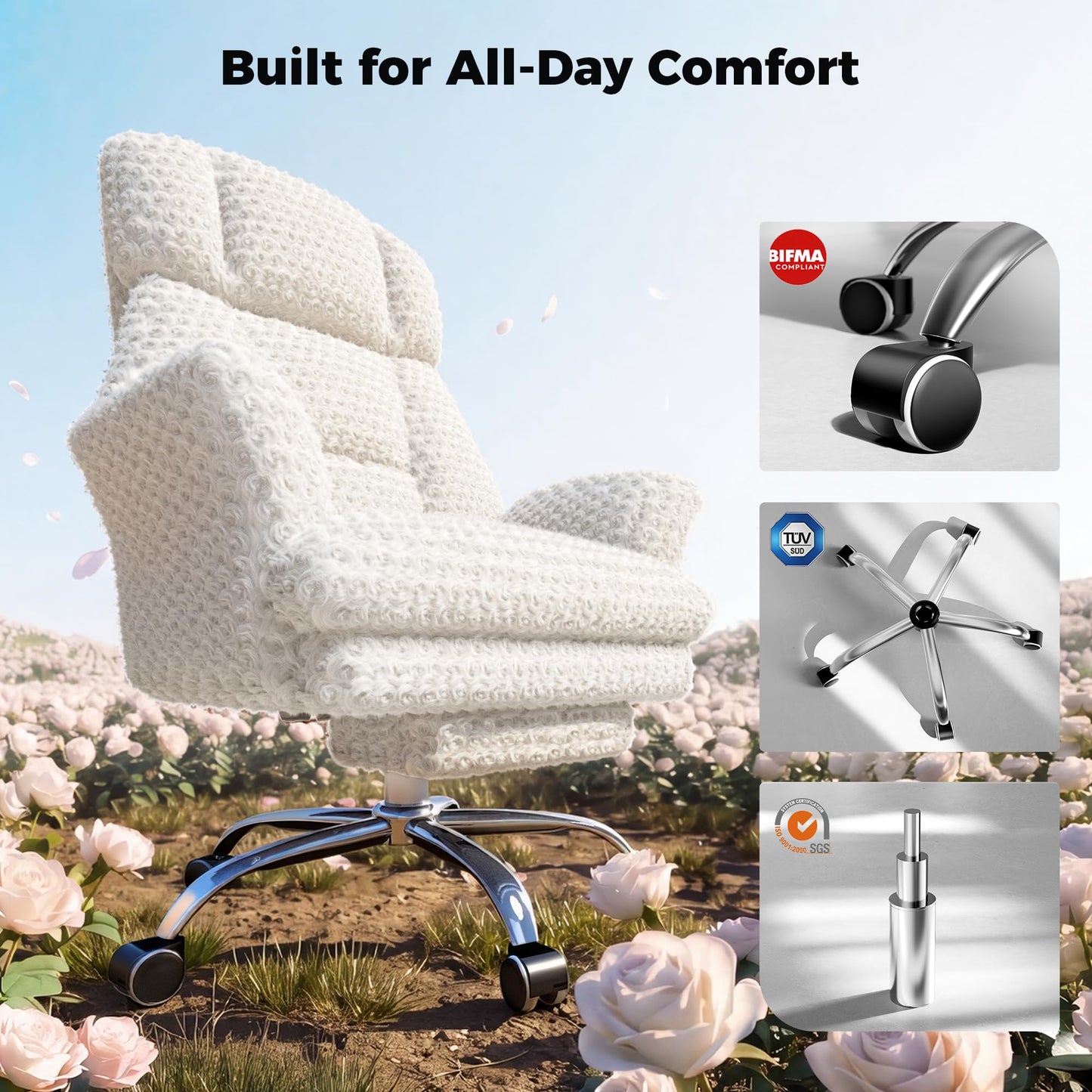 HOMRELEXA Big and Tall Office Chair, Flip Armrests for Pets & Cross Legged Sitting, Executive Ergonomic Computer Gaming Chair with Foot Rest, White Rose Velvet Wide Seat Reclining Desk Chair