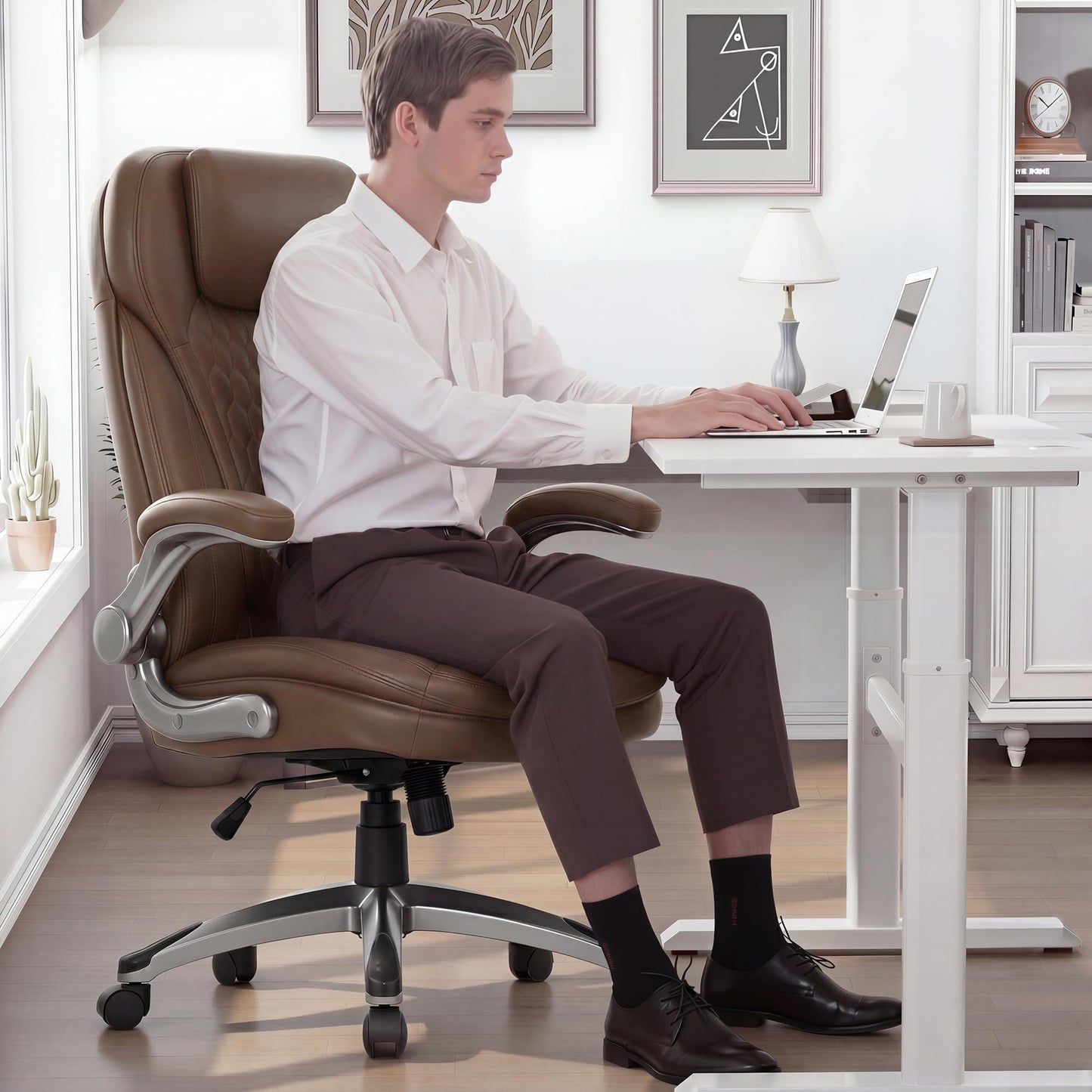 COLAMY Office Chair Ergonomic Desk Chair-Executive Office Chair with Upgraded Caters, High Back Computer Chair Flip-up Arms, Strong Metal Base, Swivel Leather Chair for Work/Study, 300lbs, Brown