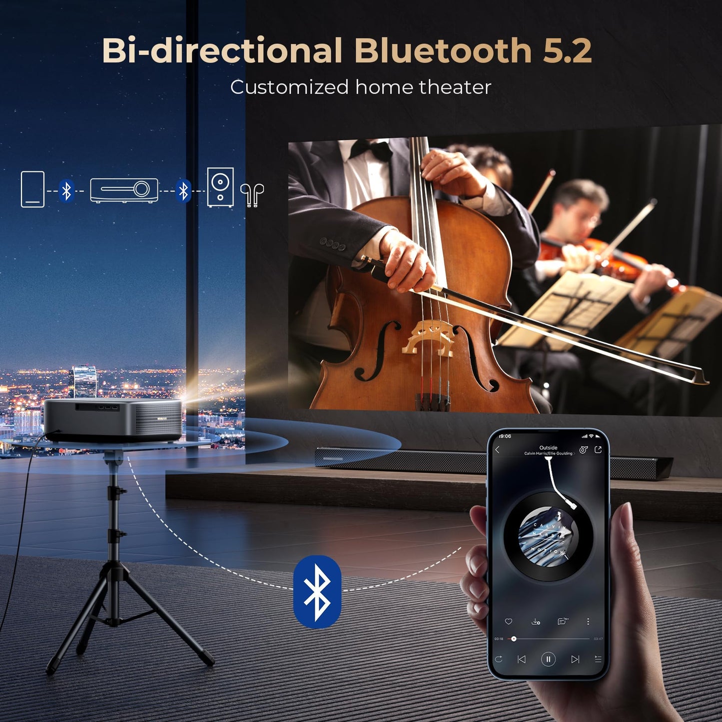 [2500 ANS ＆ 50W] Alvar Outdoor Projector 4K Support with WiFi 6 and Bluetooth, dbx-tv Sound, Built in NetfIix App & DoIby Audio Proyector, Auto Focus & Keystone Smart for Soccer Match