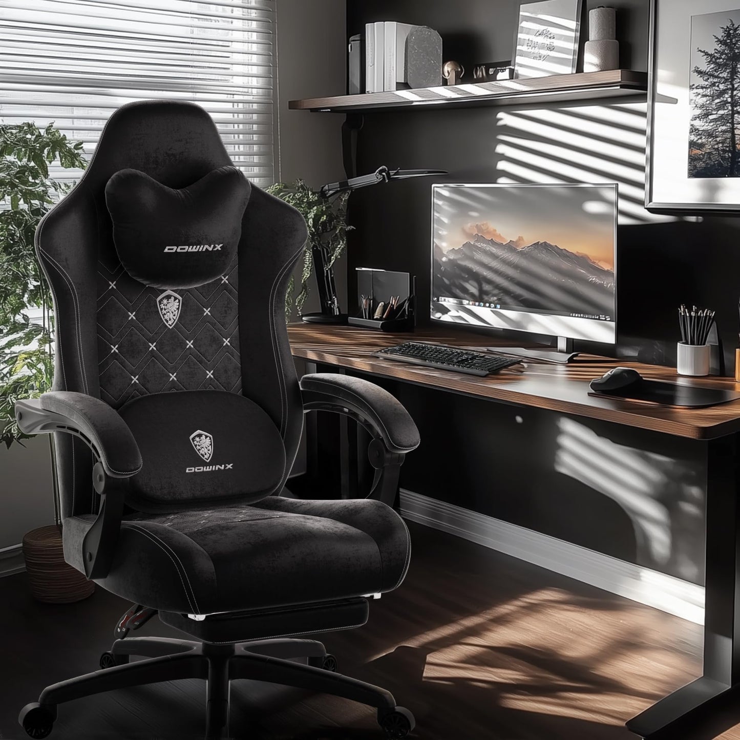 Dowinx Gaming Chair with Heated Massage Lumbar Support,Big and Tall Fabric Gaming Chairs for Adults with Footrest, Ergonomic Computer Game Chair with Poket Spring Cushions, 350lbs, Black