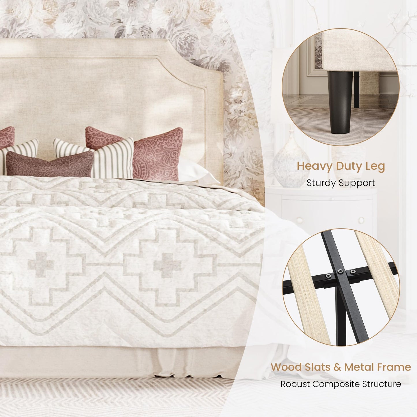 SHA CERLIN Chenille Queen Size Bed Frame with Belgrave Headboard, Beige
