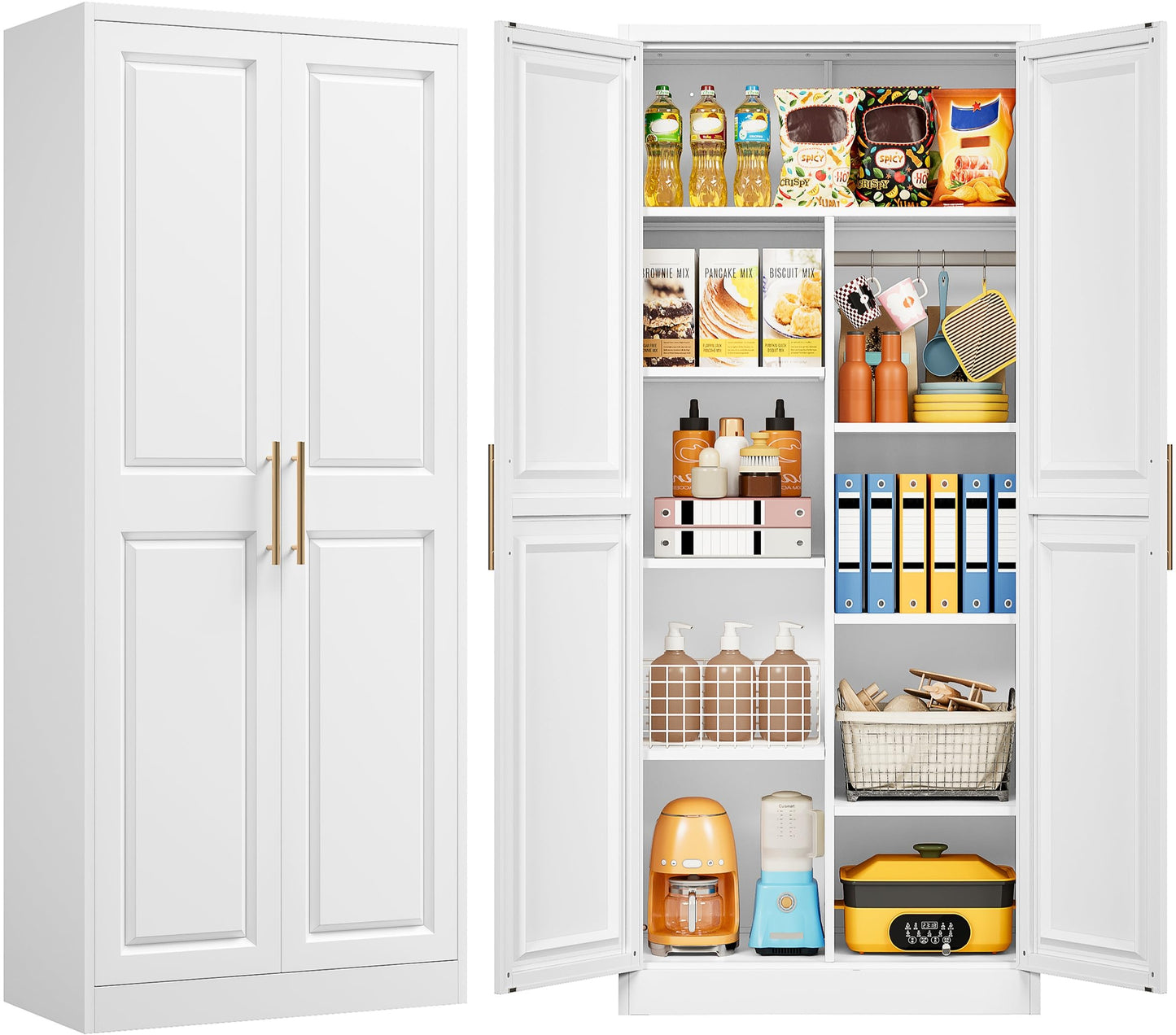 SISESOL 71" Tall Storage Cabinet with 9 Shelves and Hanging Rod,Kitchen Pantry Cabinet with 2 Door,White Metal Storage Cabinets,Large Cupboard for Home,Kitchen,Laundry,Bathroom