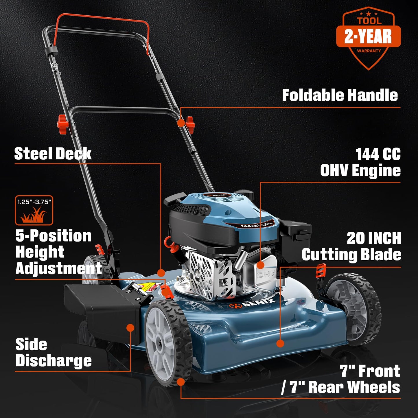 SENIX 20 inch Gas Push Lawn Mower, 144 cc 4-Cycle OHV Engine Push Mower, Side Discharge, 5 Position Cutting Height Adjustment, Low Noise & Fuel-Efficient for Lawn, Yard and Garden (LSPG-L5)