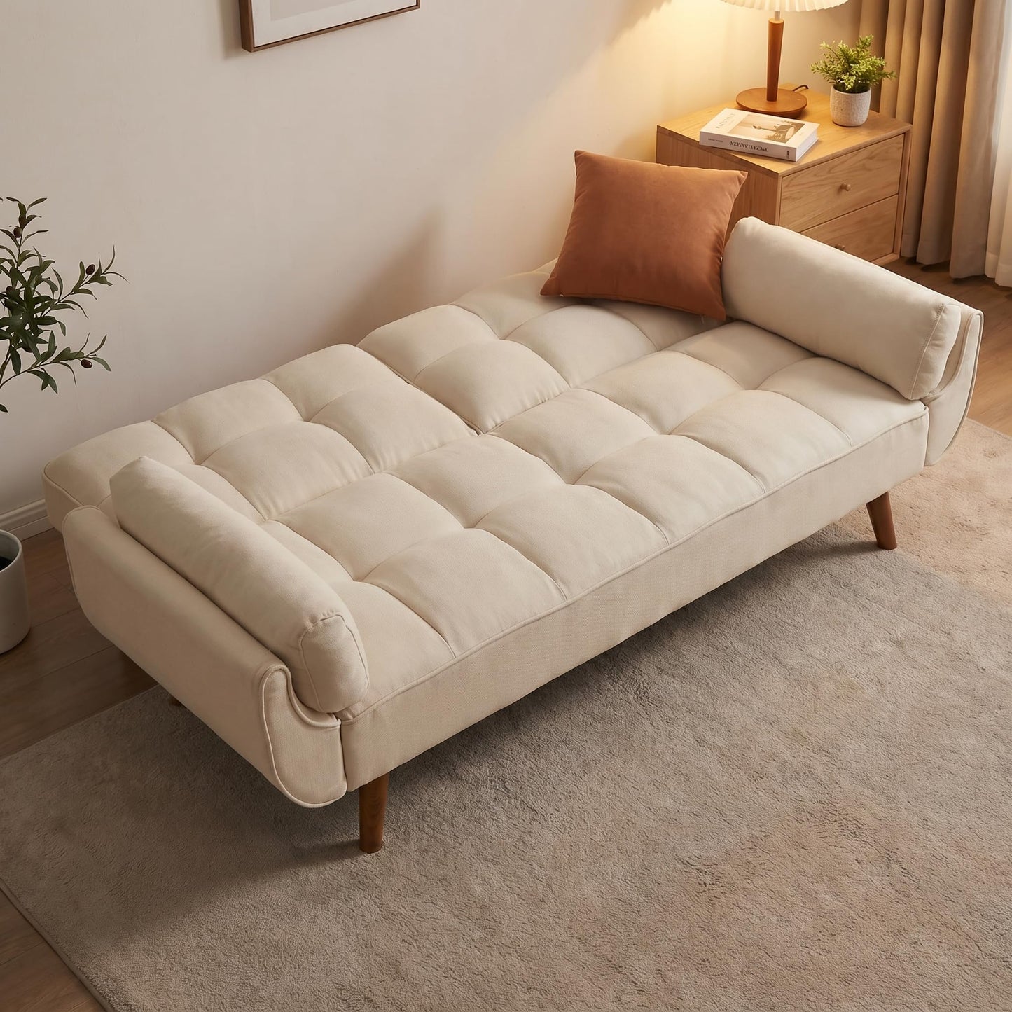 Trygoal Futon Sofa Bed, Velvet Futon Couch Bed with Adjustable Backrest, Convertible Sofa Beds with Pillow Top Arm, Small Couches for Small Spaces, Apartment, Bedroom, Living Room, White