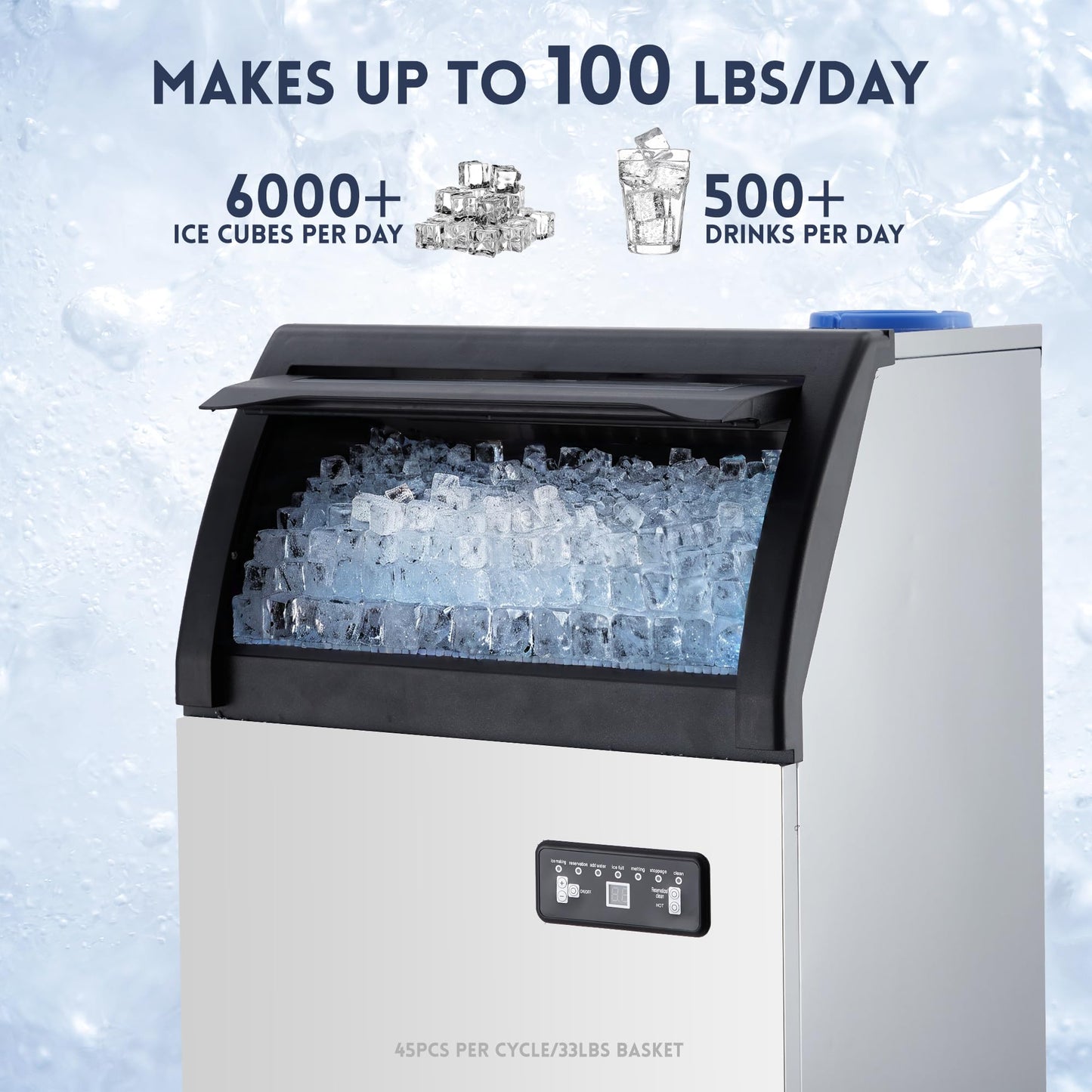 Under Counter Commercial Ice Maker Machine, 100Lbs/24H, Stainless Steel Ice Machines with 33Lbs Storage Bin, Dual Water Supply, Adjustable Thickness, Self-Cleaning, Perfect for Restaurant, Coffee Bar