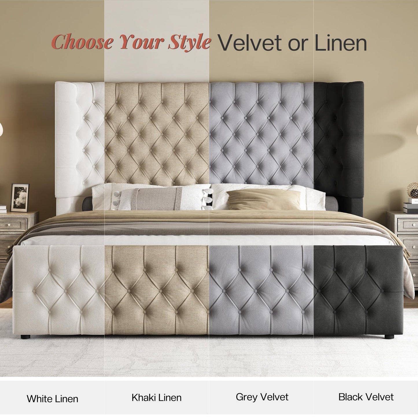 Jocisland Queen Size Upholstered Bed Frame with 6.3-Inch Curved Wingback Headboard, Tufted Footboard, Wood Slats, No Box Spring Needed, Beige Velvet