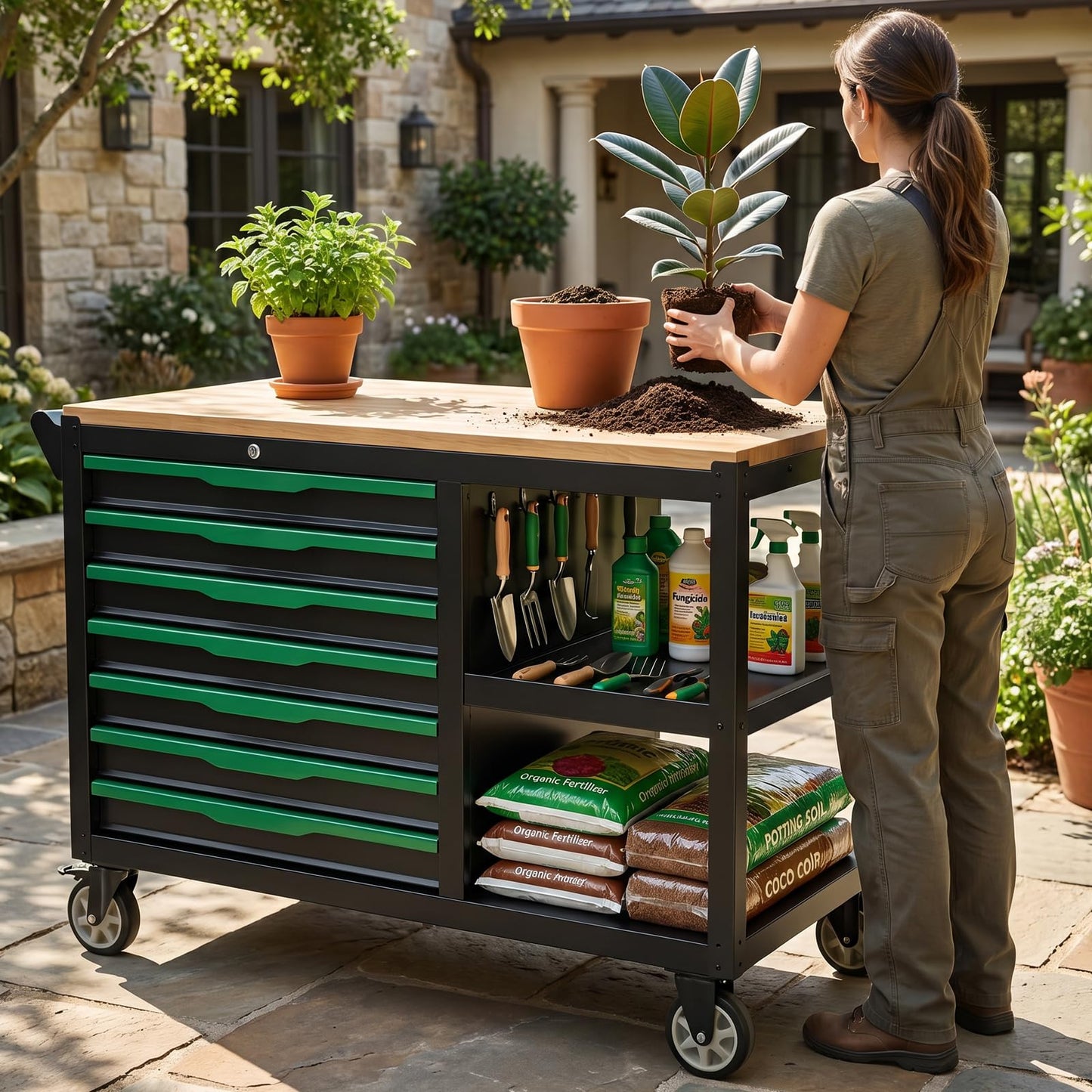 Griplier 7-Drawers Professional Tool Cart Cabinet,Rolling Tool Chest with Double Shelves,Wood Workbench,Brake Wheels,51.1W x 18.9D x 32.3H inches for Garage, Workshop, or Outdoor Use(7 Drawers)