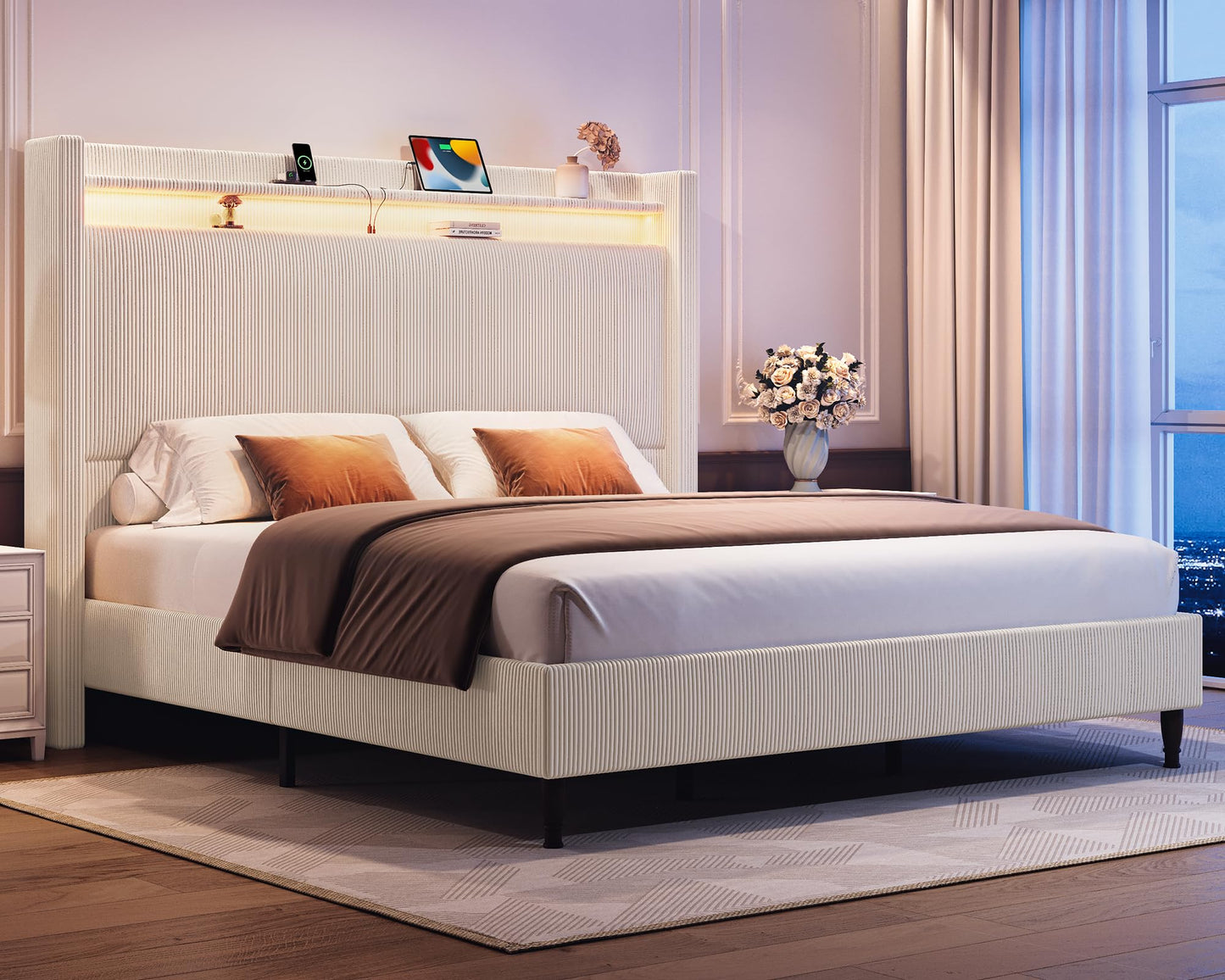 King Size Bed Frame with Tall Headboard, 55.3" Upholstered Platform King Bed Frame, Elegant Corduroy Wingback Bed with LED Lights & Charging Station, No Box Spring Needed, Solid Wood Slats, Cream