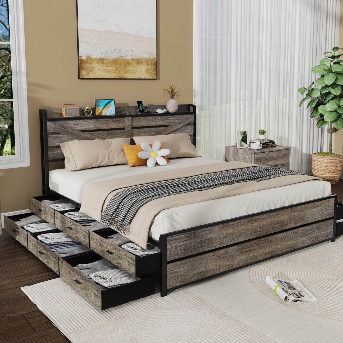 KEIKI King Size Bed Frame with Storage Headboard and 12 Drawers, Metal Platform Bed Frame with Charging Station, Noise Free Heavy Duty Mattress Foundation, No Box Spring Needed, Black