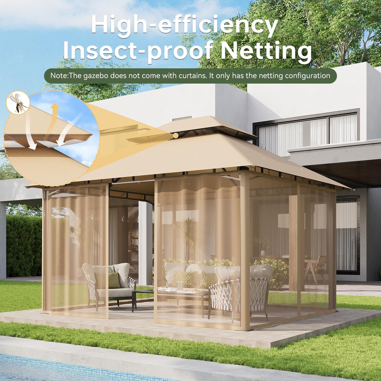 Aoxun 12x10 Gazebo with Double Roof & Mosquito Netting Outdoor Heavy-Duty Party Tent, Patio Tent with Zipper Screens - Backyard Garden Lawn Shelter Includes Wind Ropes Expansion Bolts, Beige