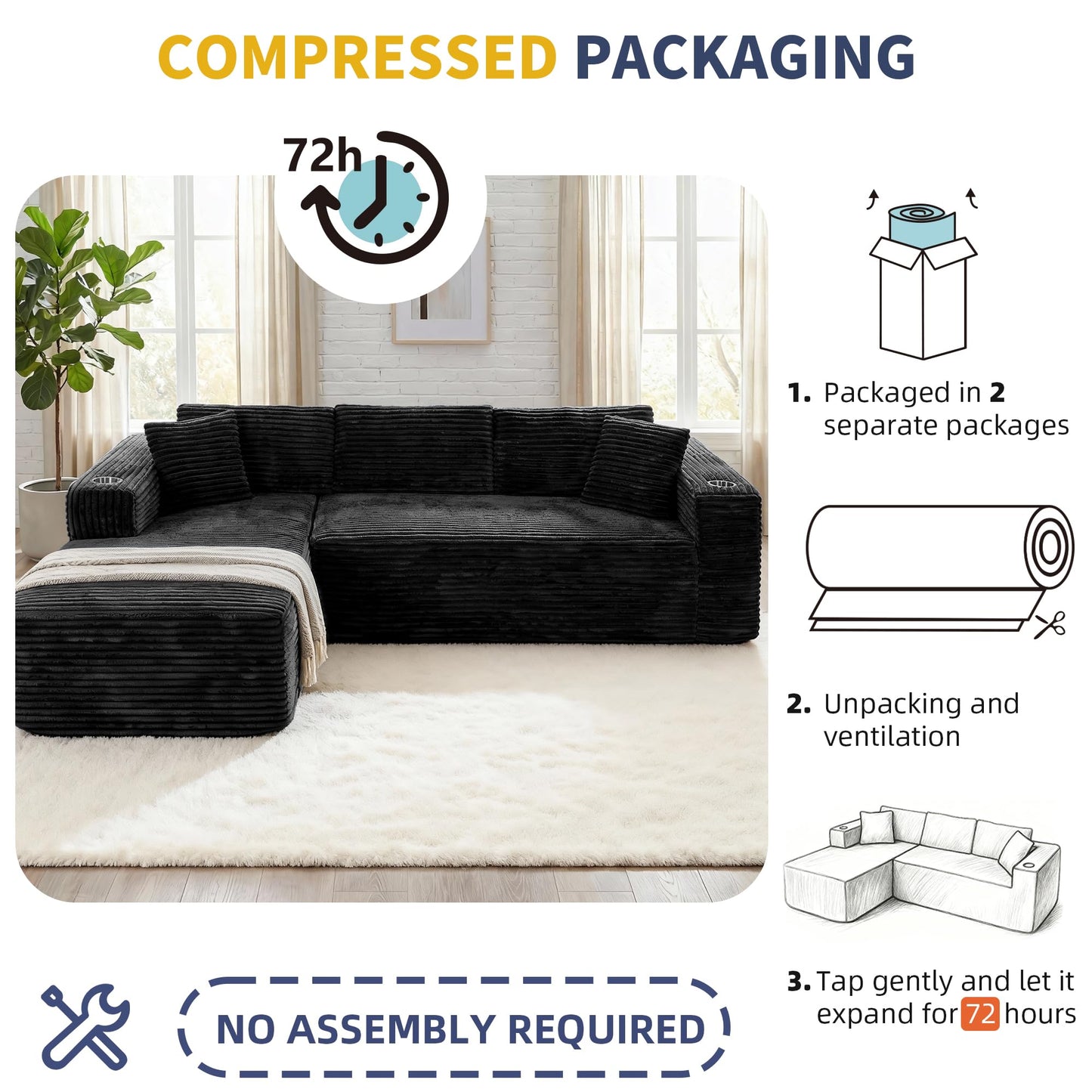 Shintenchi Boneless Couches for Living Room with 2 Cup Holders,L Shaped Modular Sectional Sofa Set,No Assembly Needed Plush Corduroy Living Room Set,Black