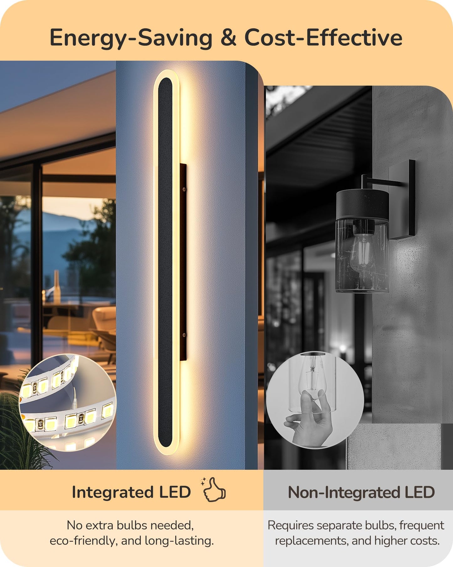 EDISHINE LED Outdoor Wall Lights, Dimmable 47.2in Long Oval, IP65 Waterproof, Black, Model HOWL22R, 3CCT