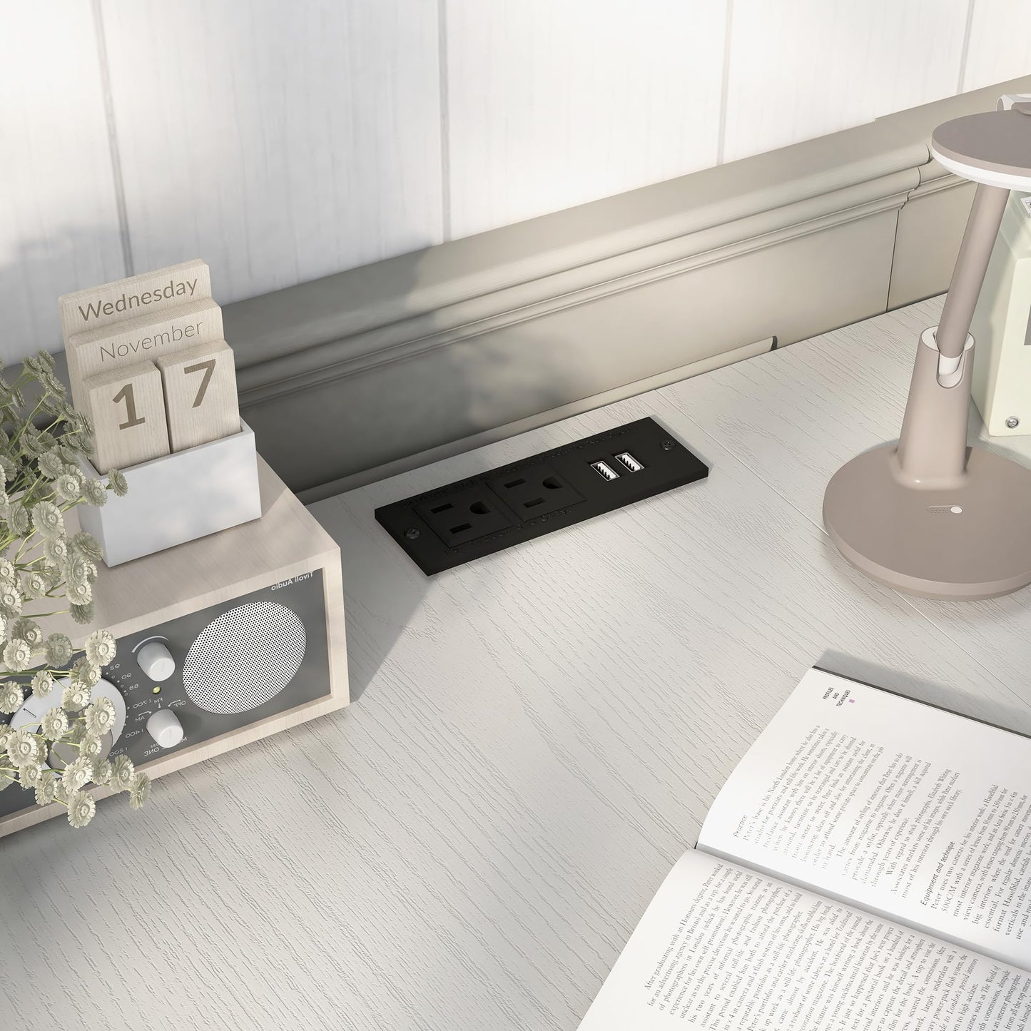 24/7 Shop at Home Monier Farmhouse Metal 2 Shelves Corner Computer Desk with USB Port, Power Outlet, 1 Drawer for Workstation, Home Office, Study Room, Antique White