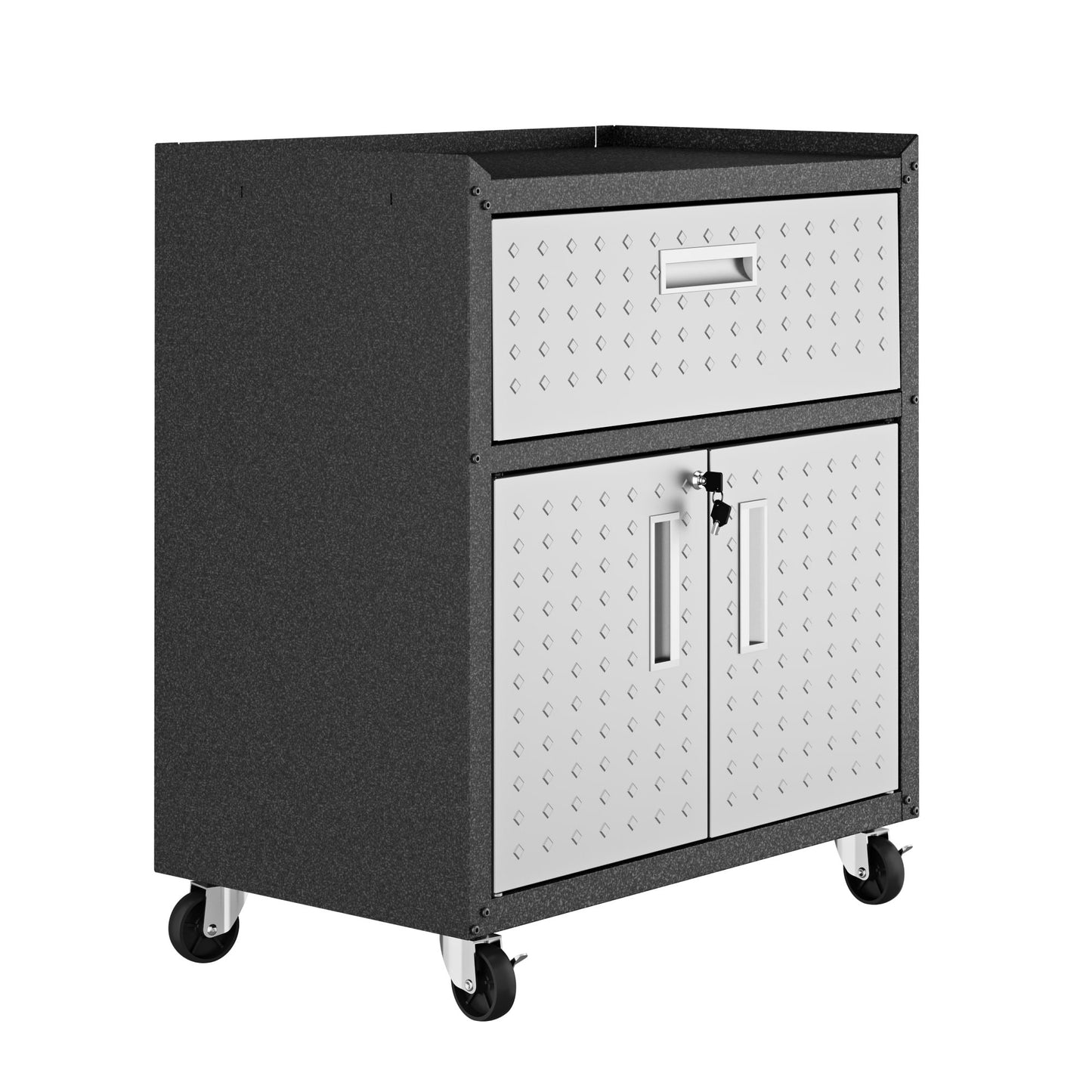 Manhattan Comfort Fortress Textured Metal 31.5" Garage Mobile Cabinet with 1 Full Extension Drawer and 2 Adjustable Shelves, Black/Gray