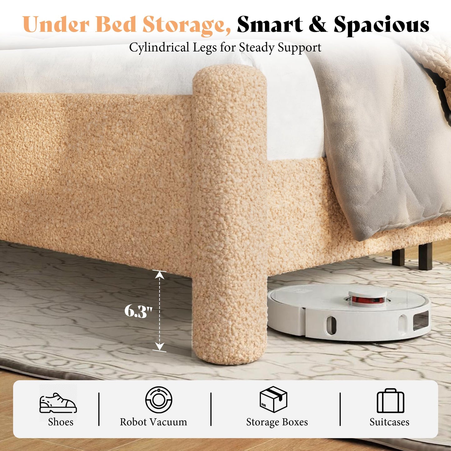 AMERLIFE King Boucle Cloud Upholstered Bed Frame with Cylinder Headboard, Modern Platform Structure, Sherpa Boucle Soft Design, No Box Spring Needed, Khaki