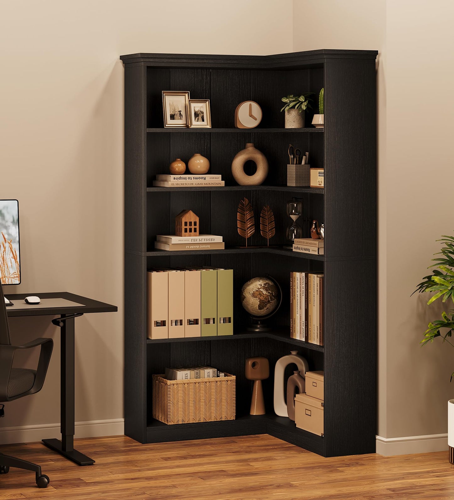 IDEALHOUSE Corner Bookshelf 72.8in Farmhouse Bookcase Large Bookshelf Wood Bookcase Tall 5 Tier Corner Shelf L Shaped Bookshelfs Storage Display Rack Living Room Bedroom (Black Full Panel)