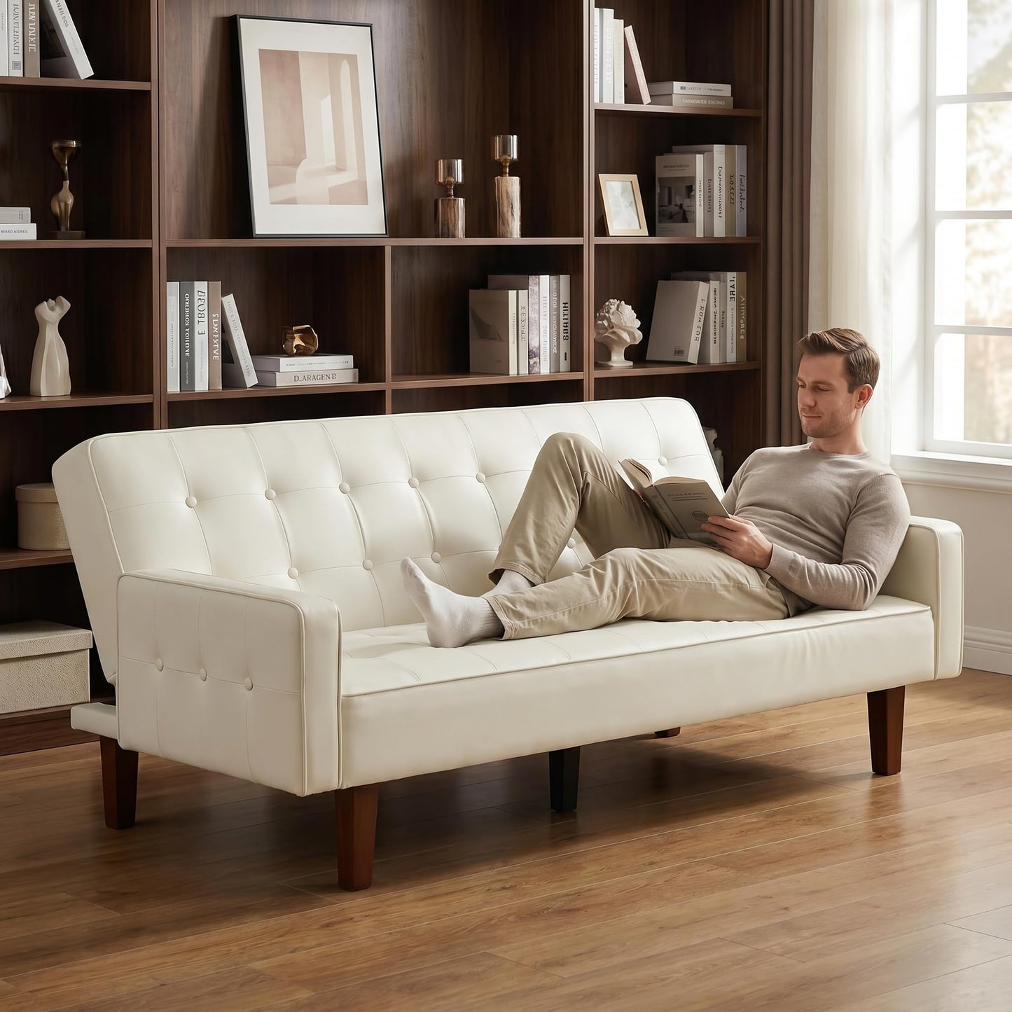 NicBex PU Leather Couch Bed, 3 Seater Leather Sofa with Adjustable Backrest, Leather Sofa Couch with Wood Legs, Modern Convertible Loveseat Sofa for Office & Living Room, Leather White