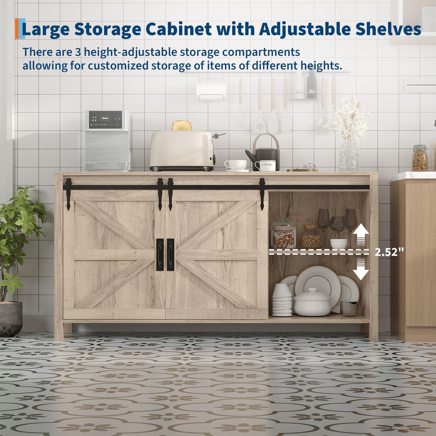 Garvee Farmhouse Sideboard Buffet Cabinet with Sliding Barn Doors & 4 Drawers, 60" Rustic Wood Kitchen Coffee Bar Storage Cabinet for Dining Room Living Room, TV Stand & Console Table