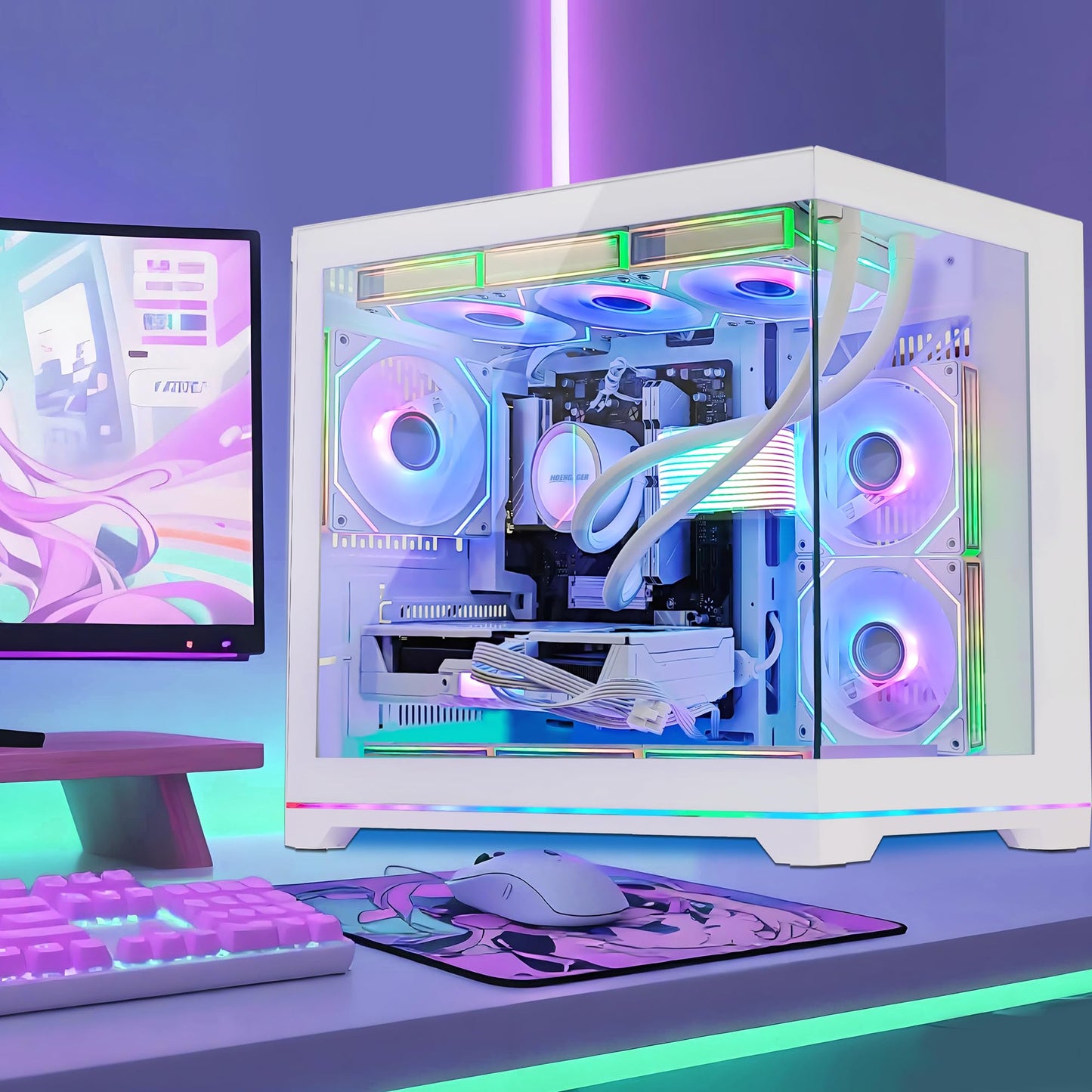 HOENGAGER Software ARGB Control Gaming PC Desktop - AMD Ryzen 7 9800X3D - Radeon RX 9070 XT (16GB) - 32GB DDR5 6000MHz - 1TB PCIe NVMe SSD - White Panoramic Glass Case, RGB Fans, Wi-Fi, Win 11