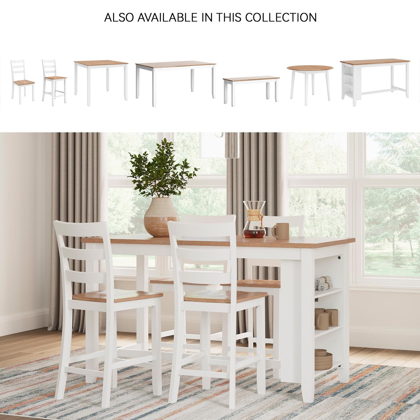 Signature Design by Ashley Gesthaven Farmhouse Counter Height Dining Table with 3 Shelves and Trestle Base, Light Brown & White