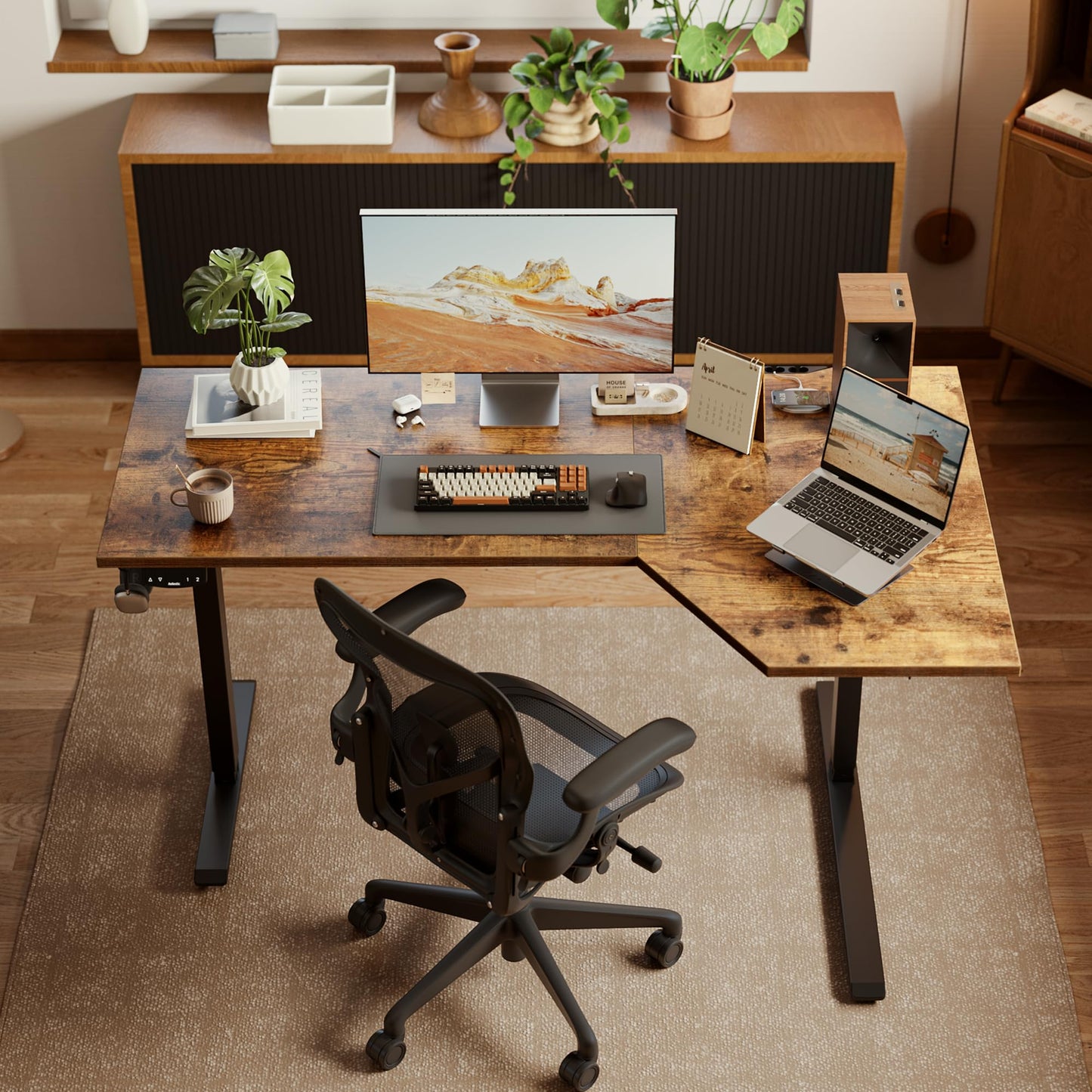 Agilestic Electric Standing Desk, Height Adjustable Desk, 59 x 35 Inch Sit Stand up for Work Office Home, L Shaped Ergonomic Rising Computer Table with Memory Preset, Rustic Brown