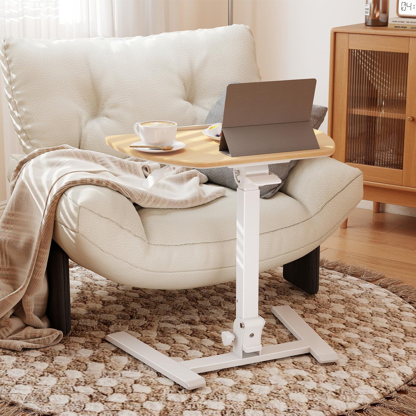 ROMOON Foldable Small Standing Desk with No-Assembly Design, Rolling Height-Adjustable Sit-Stand Table with Wheels, Space-Saving Portable Laptop Cart for Home Office and Small Space (Natural Oak)