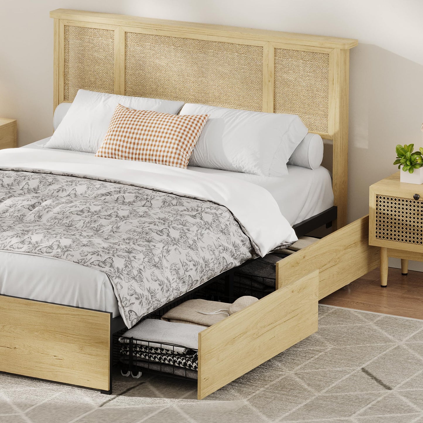 GarveeLife Full Size Boho Rattan Platform Bed Frame, Premium Cane Weave Headboard Design, Reinforced Metal Foundation Support, Space Saving Pull Out Drawers for Storage, Modern Bedroom Furniture Set